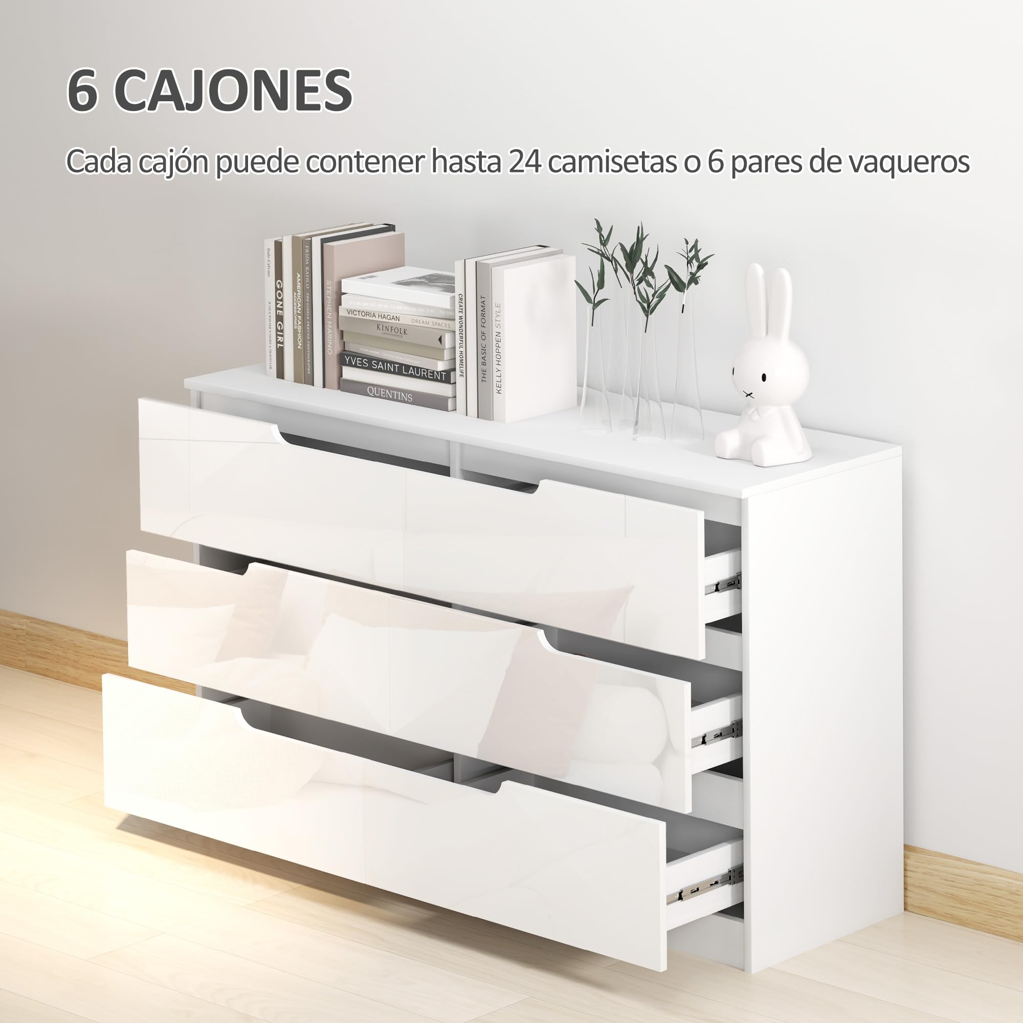 HOMCOM Cómoda con 6 Cajones Cómoda Dormitorio Moderno 120x40x75cm Blanco | con Anti-vuelco, Cajonera, para Salón Pasillo