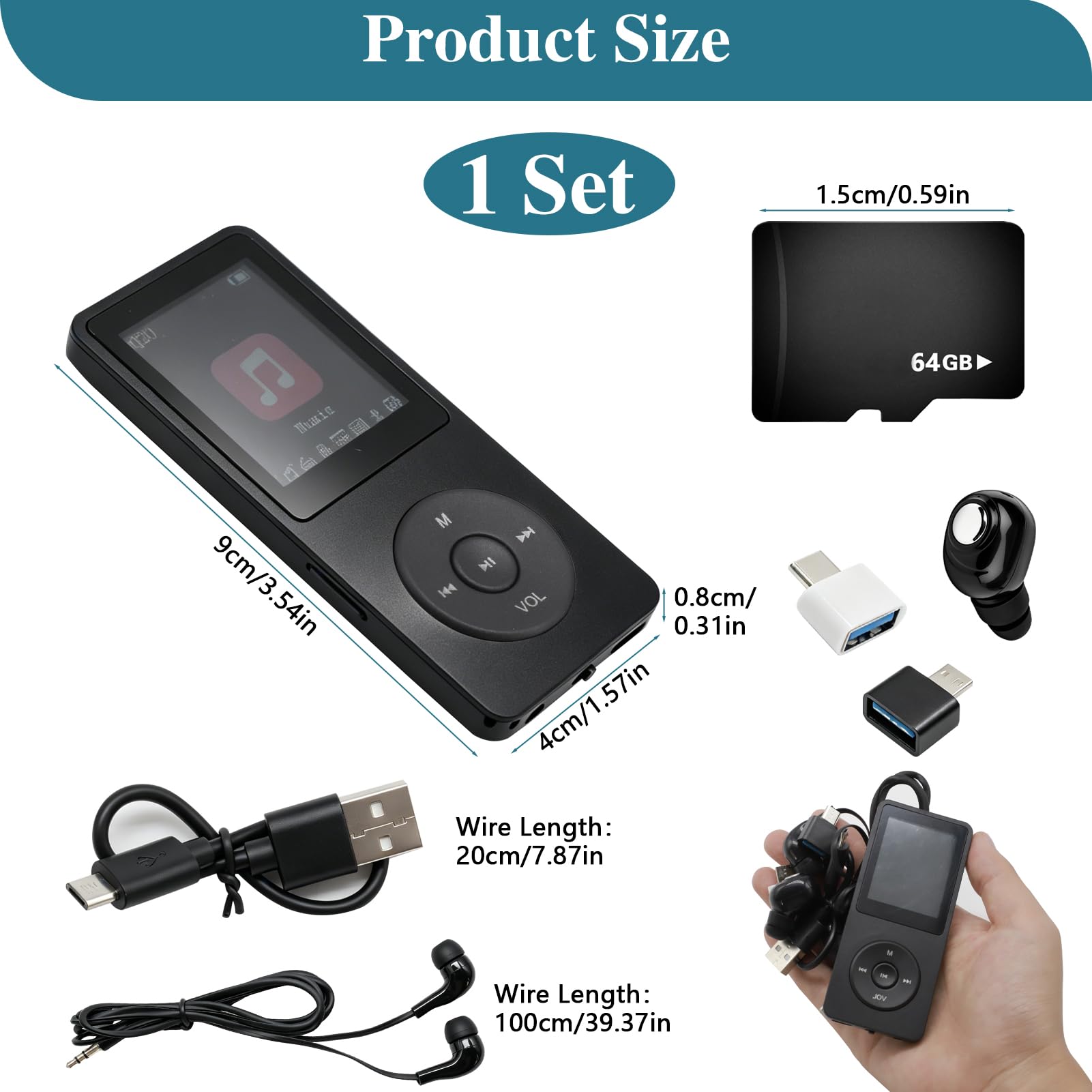 Lecteur MP3 Bluetooth 5.3 64Go avec Haut-Parleur, Radio FM, Écran 1,8", Autonomie 70H, Léger