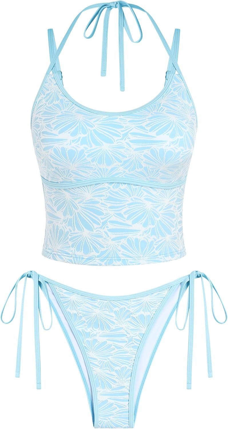 ZAFUL Women's Dual Straps Halter Bikini Set Scoop Neck Colorblock Tankini Swimsuit Tie Side Two Piece Bathing Suit