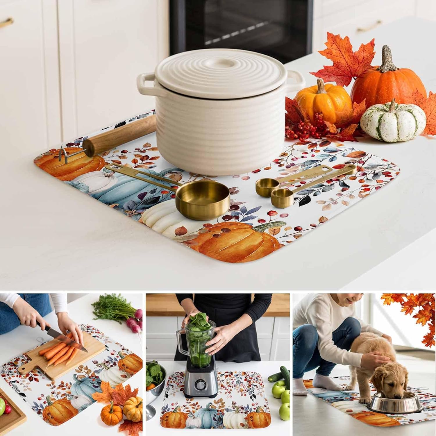 Fall Orange Blue Pumpkins Dish Drying Mat for Kitchen Counter, Vintage Thanksgiving Baby Bottle Microfiber Drying Pad, Weeping Botanical Absorbent Coffee Cup Dishes Drainer Mats 18"x24"