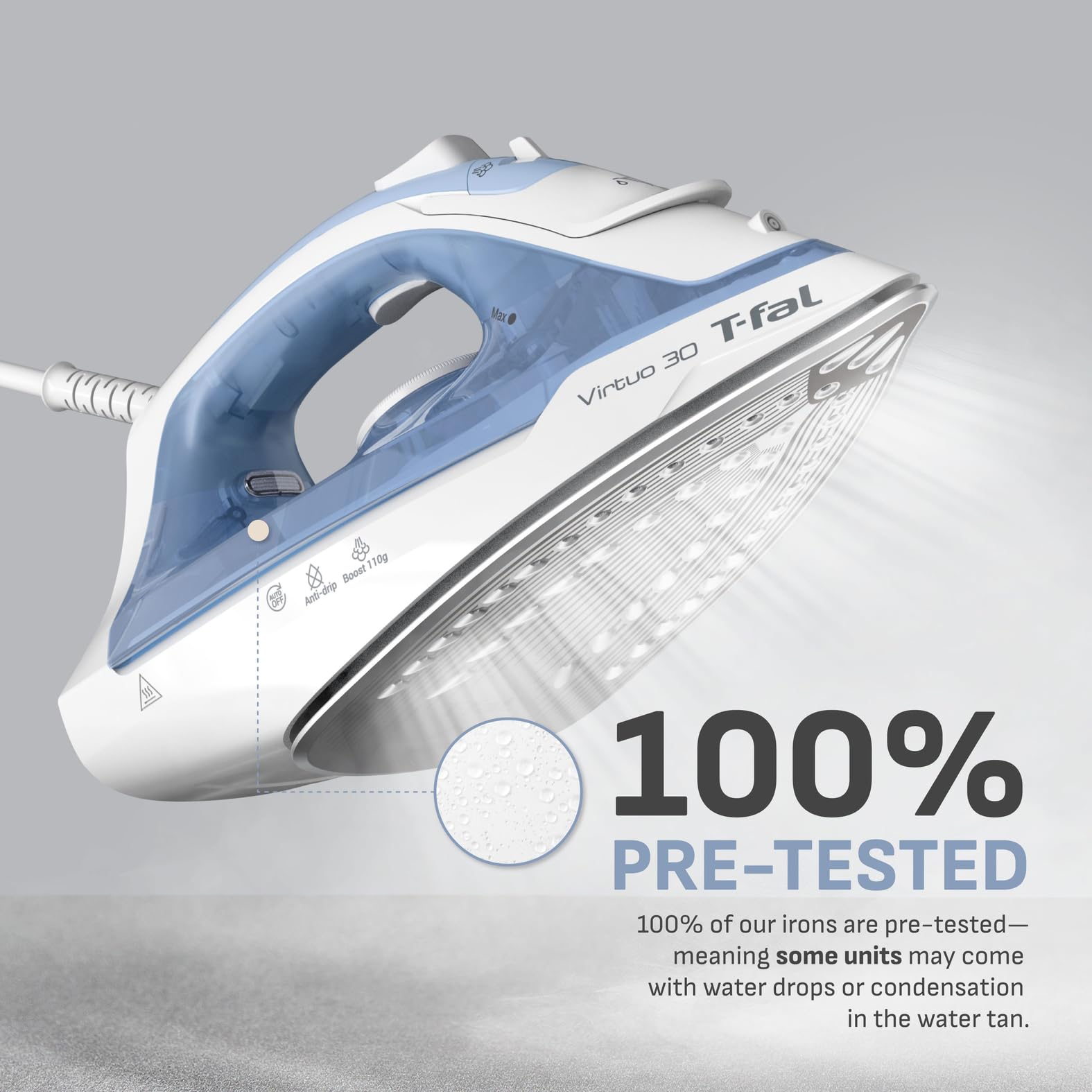 T-fal Plancha de Vapor | Virtuo 30 con Auto Apagado, Suela de Cerámica XL, Blanca/Azul FV2C61U0