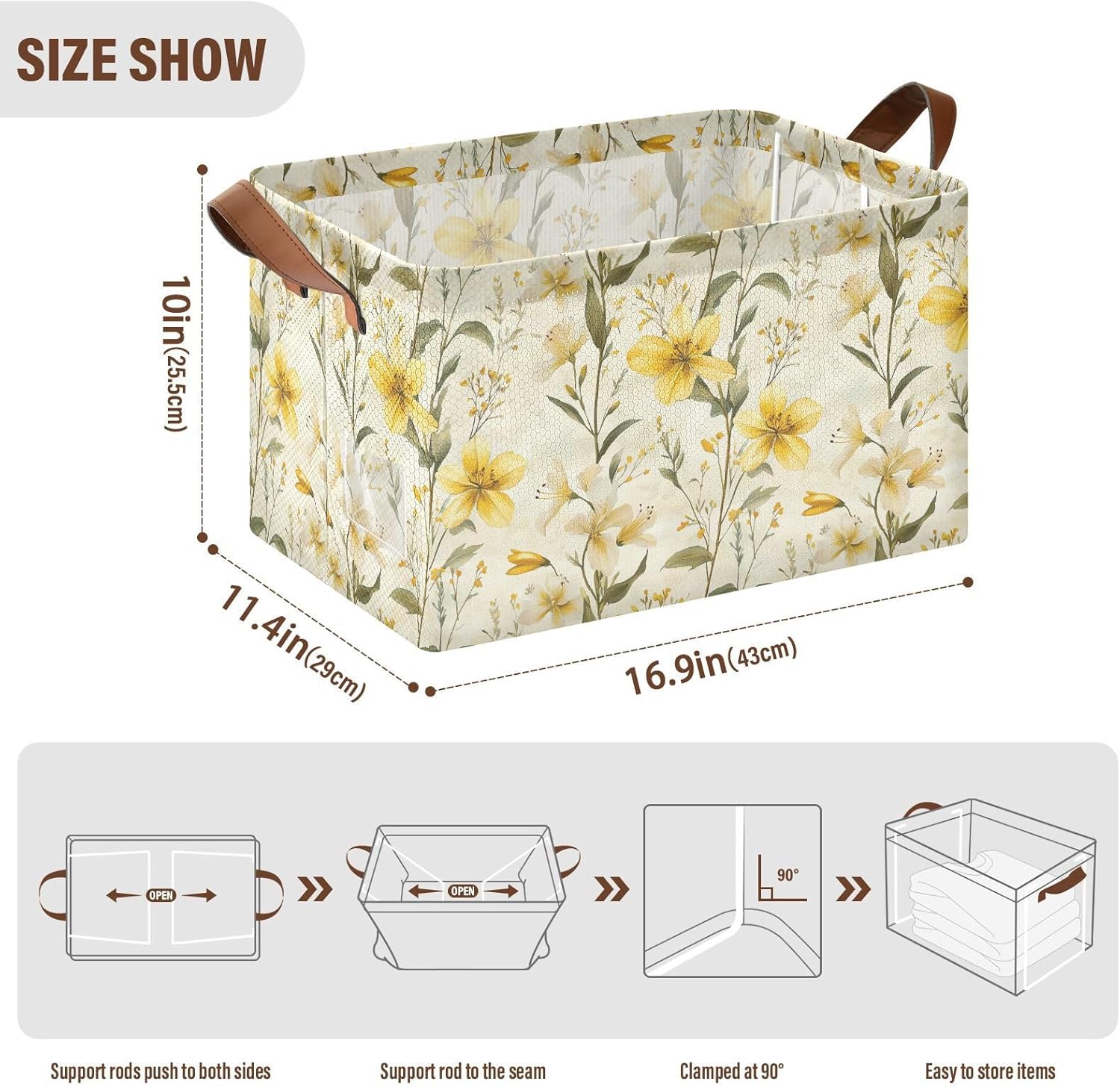 KLL White Yellow Lily Large Storage Baskets with Handles Storage Containers for Shelves, Closet 2 Pack cajas para organizar closet