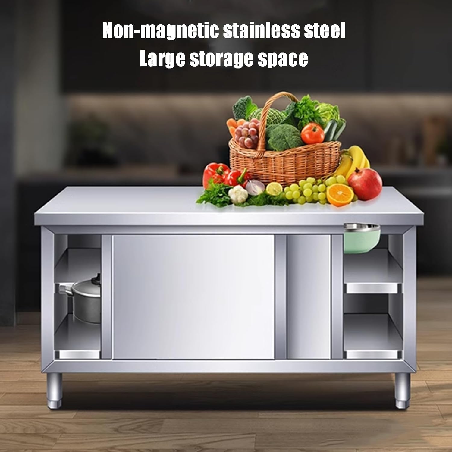 Stainless Steel Table, Commercial Stainless Steel Work Table with 4 Sliding Doors, Food Prep Workbench with Adjustable Feet for Kitchen Prep Table(100x60x80cm)
