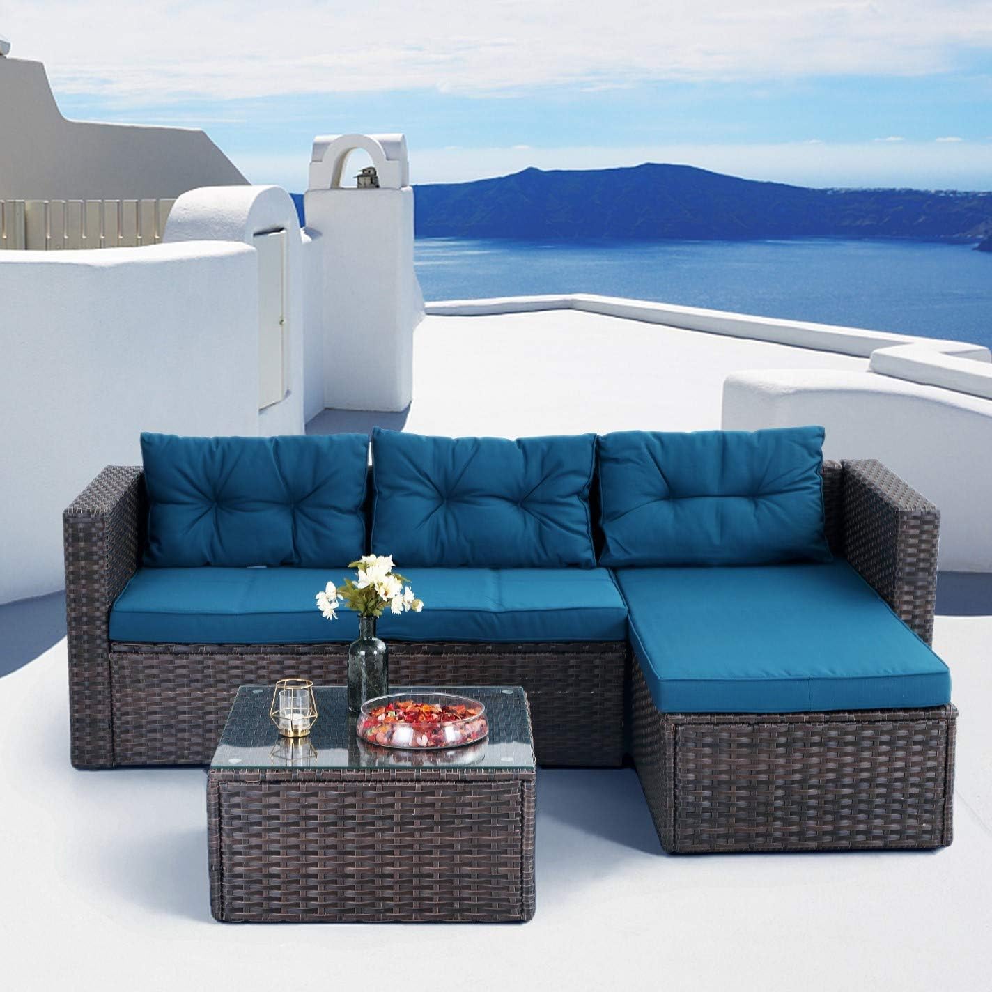 PHI VILLA Outdoor Sectional Rattan Sofa - Wicker Patio Furniture Set (Turquoise) : Patio, Lawn & Garden