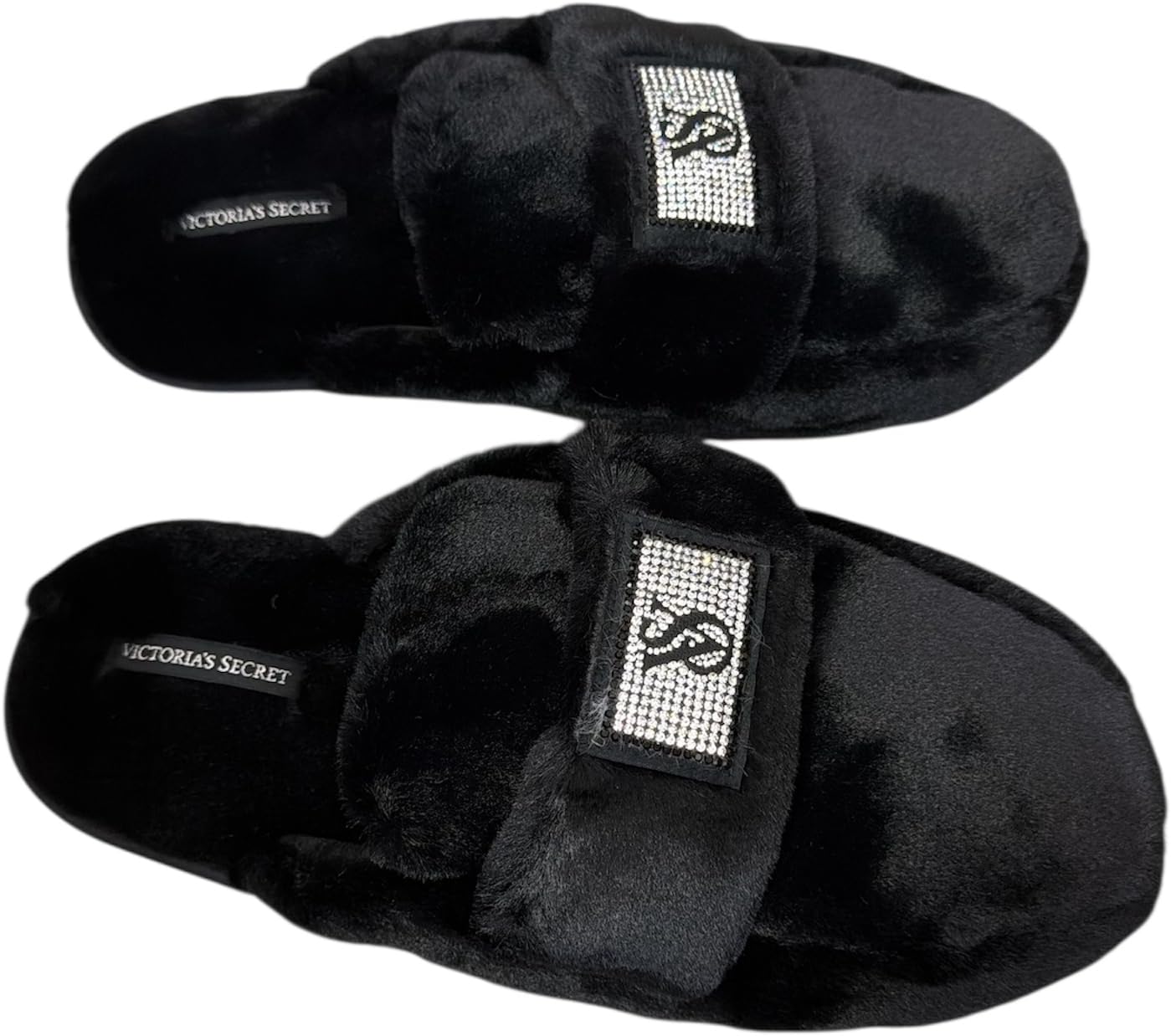 Victoria's Secret Luxe Plush Slide Slippers Black Faux Fur with Rhinestone VS Patch New