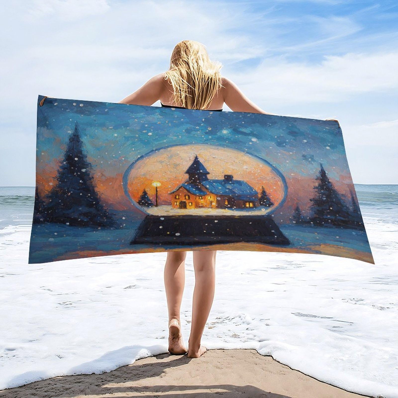 Luyysky Vintage Classic Log Cabin Absorbent Beach Towel, Mid Century Cartoon Winter Landscape Snowflake Pine Trees Outdoor Single-Sided Velvet Beach Towel-80 W Cm X 160" L Cm