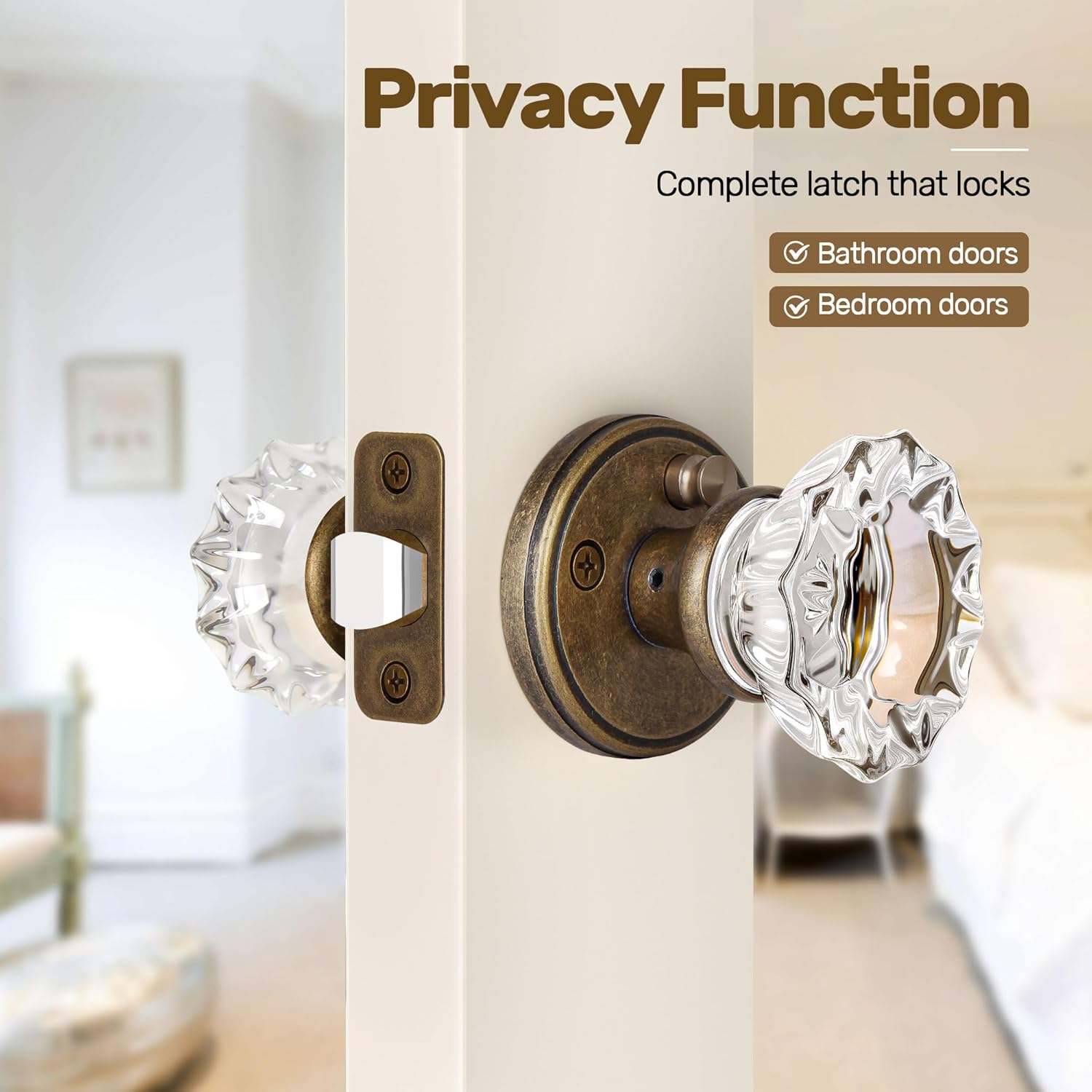 Antique Brass Door Knobs Crystal Door Knob Interior, Privacy Door Knob for Bedroom and Bathroom Glass Door Knob,Push Button Lock