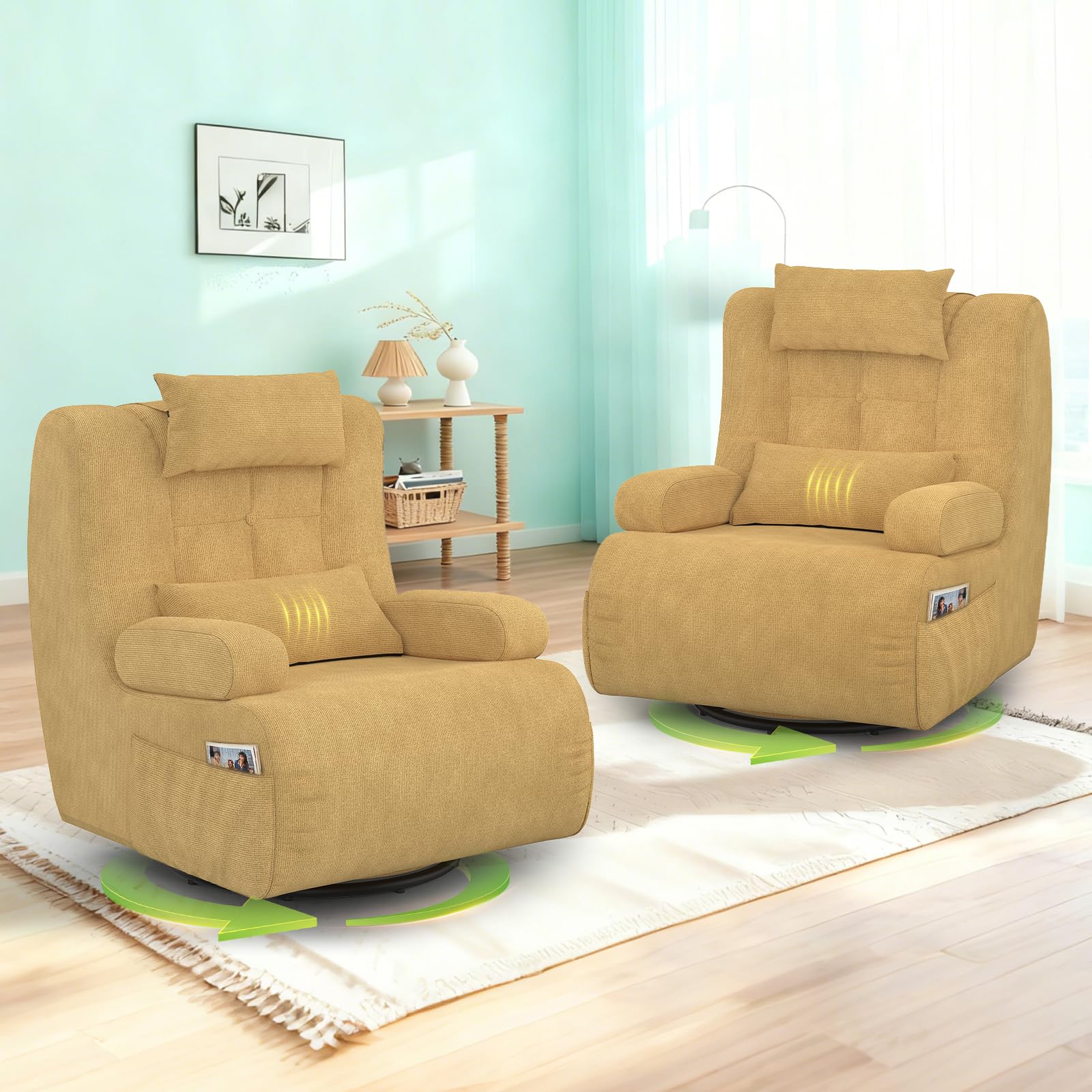 Relaxsessel,Fernsehsessel mit 2 zusätzlichen Kissen,2 Seitentaschen, 360°Drehbarer TV-Sessel für Wohnzimmer, Schlafzimmer, Heimkino, gepolsterter Hochlehner-Sessel, Moderner Lesesessel , Drehsessel