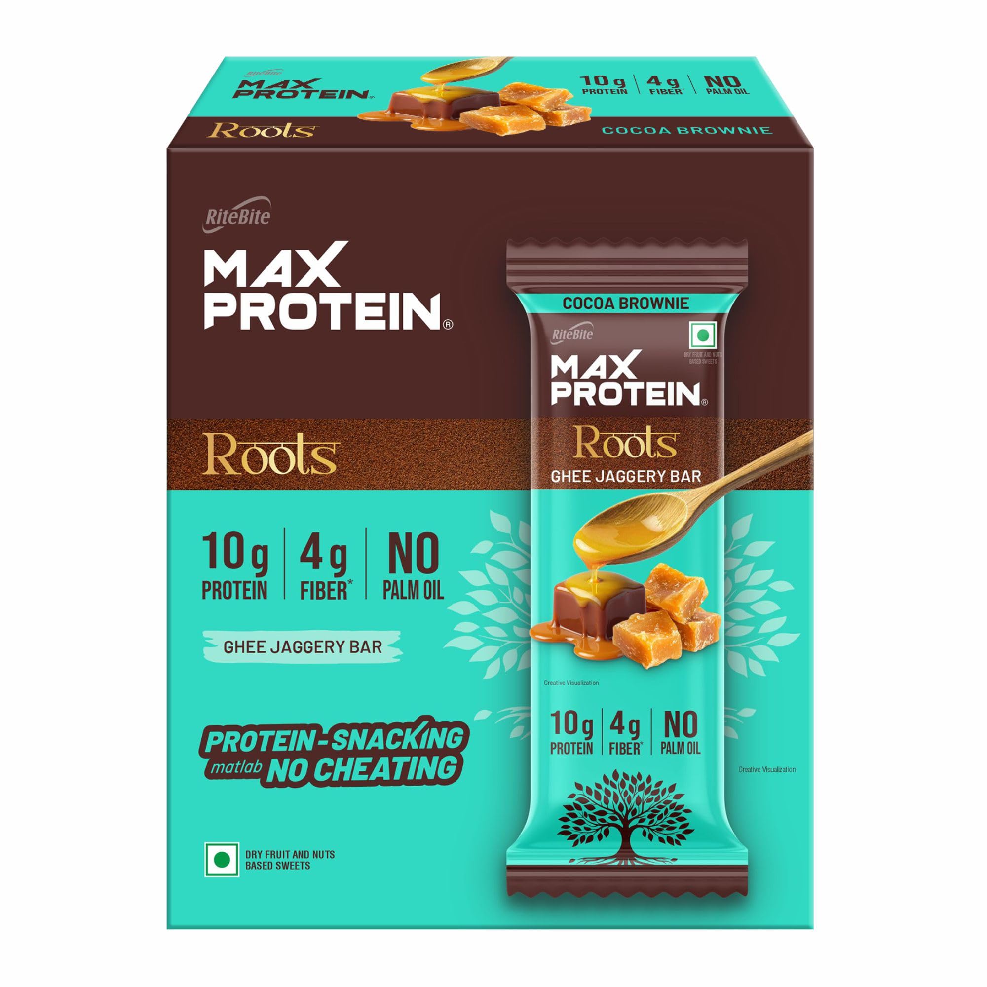 RiteBite Max Protein Roots Cocoa Brownie 10g Protein Bar (Pack of 6) | Made with Ghee & Jaggery | 4g Fiber | No Palm Oil | (270g)