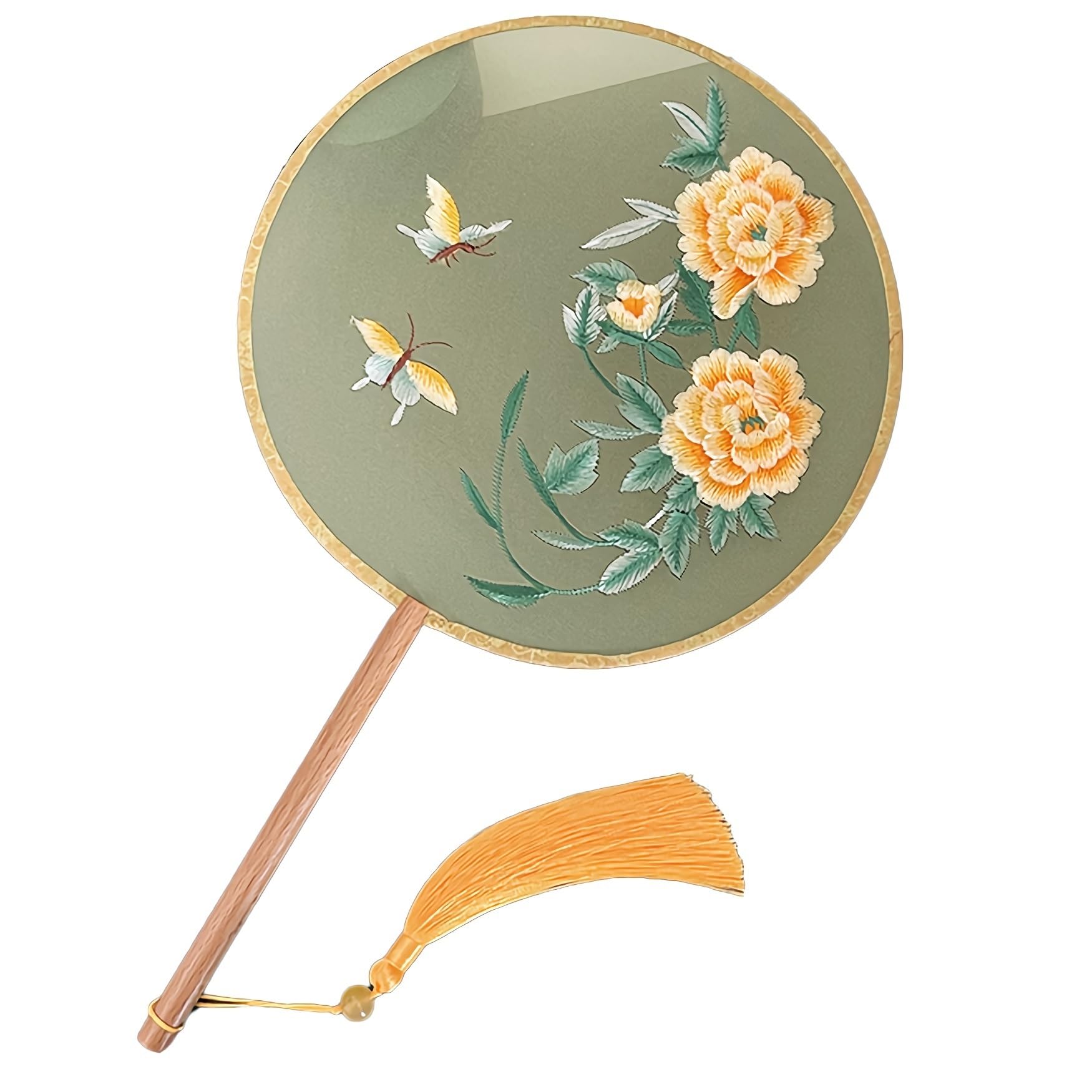 Éventail chinois à pagaie brodé pivoine jaune avec manche en bois de hêtre