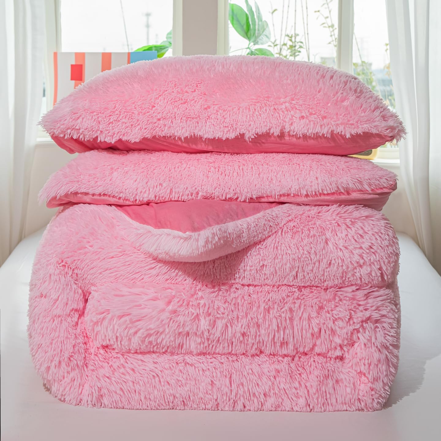 Kids Girls Faux Fur Light Pink Comforter Sets Twin/Full - 3PC Bed Set Skin Friendly Soft Warm Comfortable Classical Rabbit Plush Velvet Flannel Fluffy Fuzzy Bedding(Comforter x 1 Pillowcases x 2) - Image 9