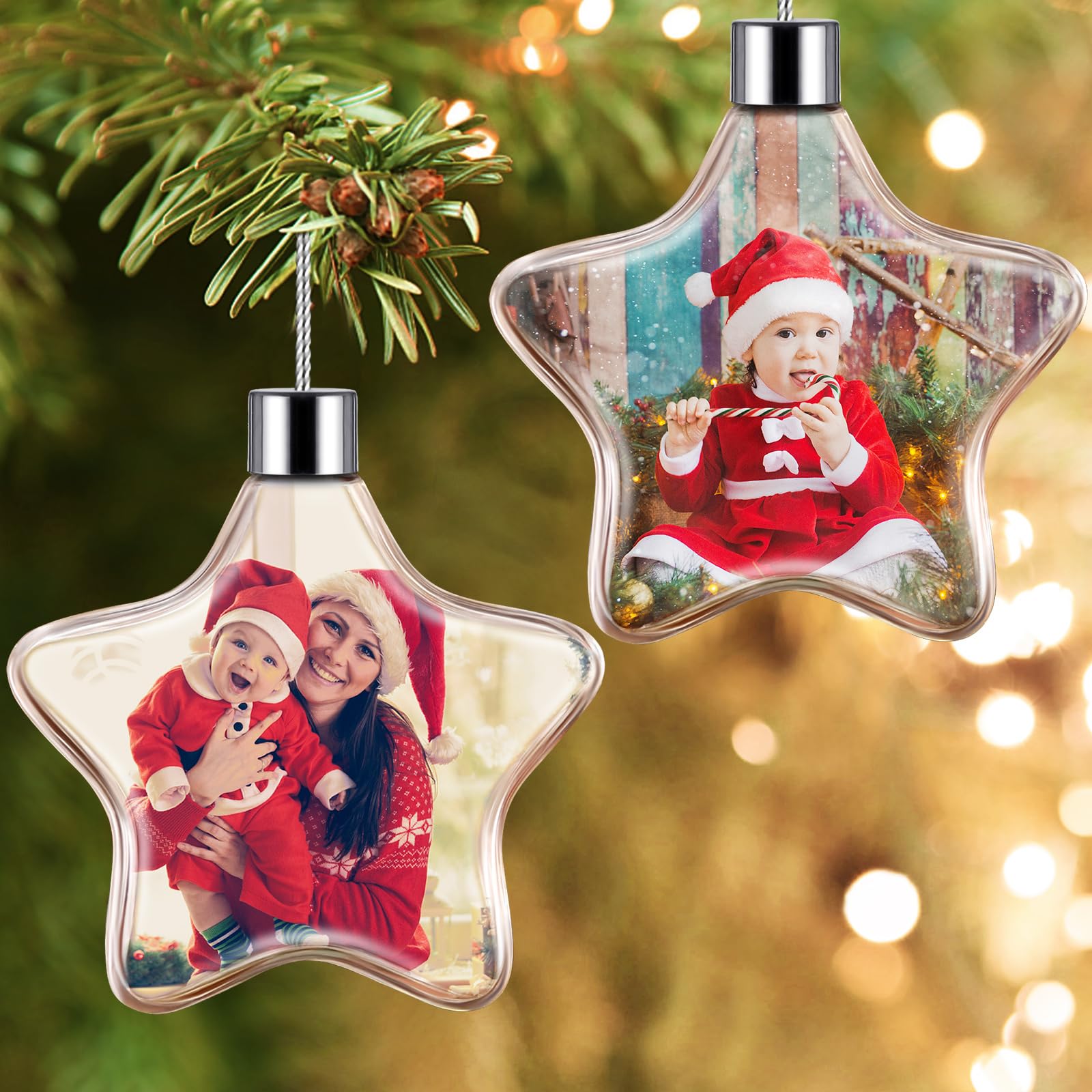 Bola de Navidad Personalizada con Foto - 2 Caras Adorno Árbol Decoración Navideña, Adornos para Decorar el Árbol, Re（Pentagrama）