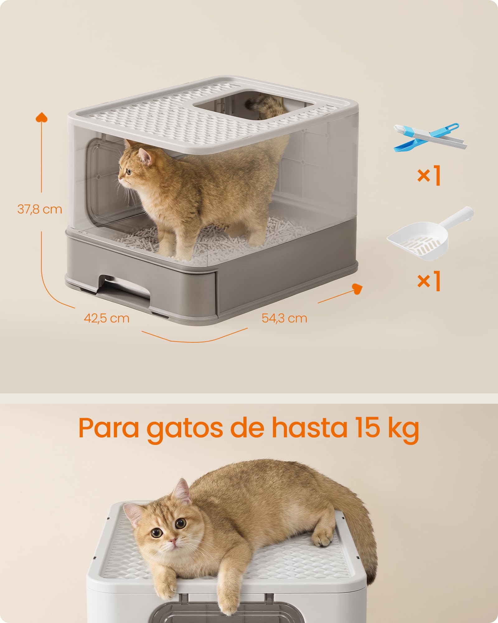 Feandrea Arenero para Gatos de Acero Inoxidable, Caja de Arena con Bandeja Extraíble, Pala, Cepillo, 2 Entradas, para Gatos de hasta 15 kg, Gris Claro y Gris Oscuro PPT004G101