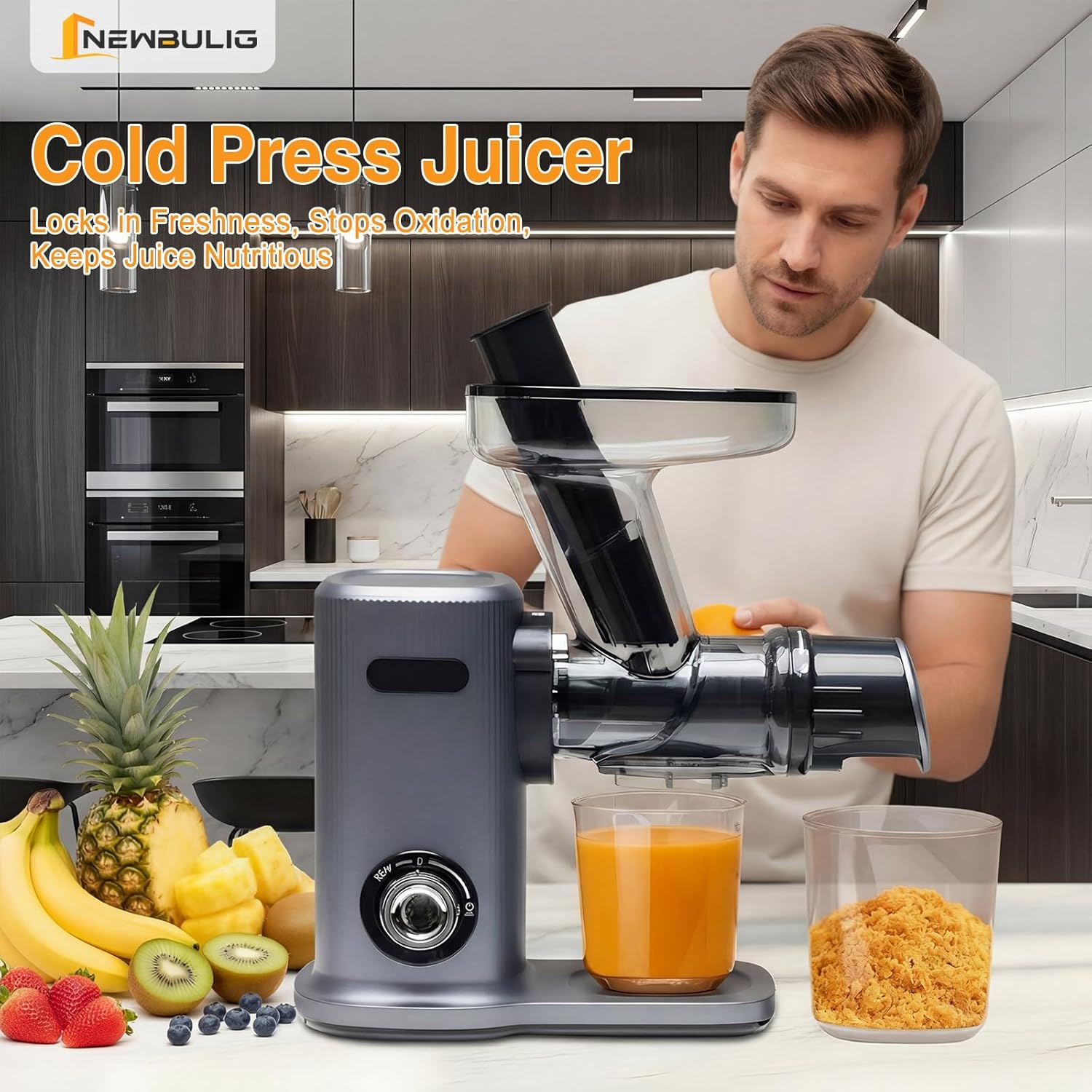 NEWBULIG Cold Press Juicer, Slow Masticating Juicer with 5.9" Large Feed Chute for Whole Vegetables & Fruits, Reverse Function & Dishwasher Safe Parts, High Juice Yield, Silver