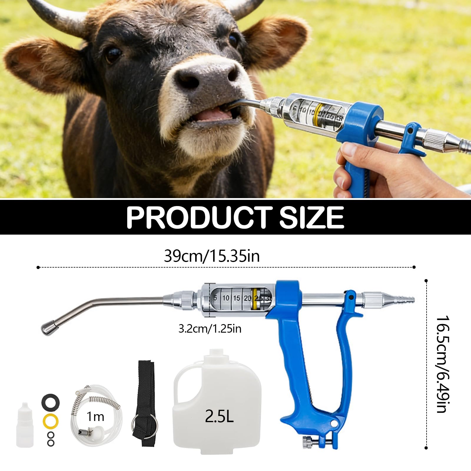 Pistola de Drench Veterinaria de Metal, Dosificación Oral 5-30 ml Ajustable Depósito 2500 ml Boquilla Acero Inoxidable Mango Antideslizante Para Vacas Cerdos Ovejas