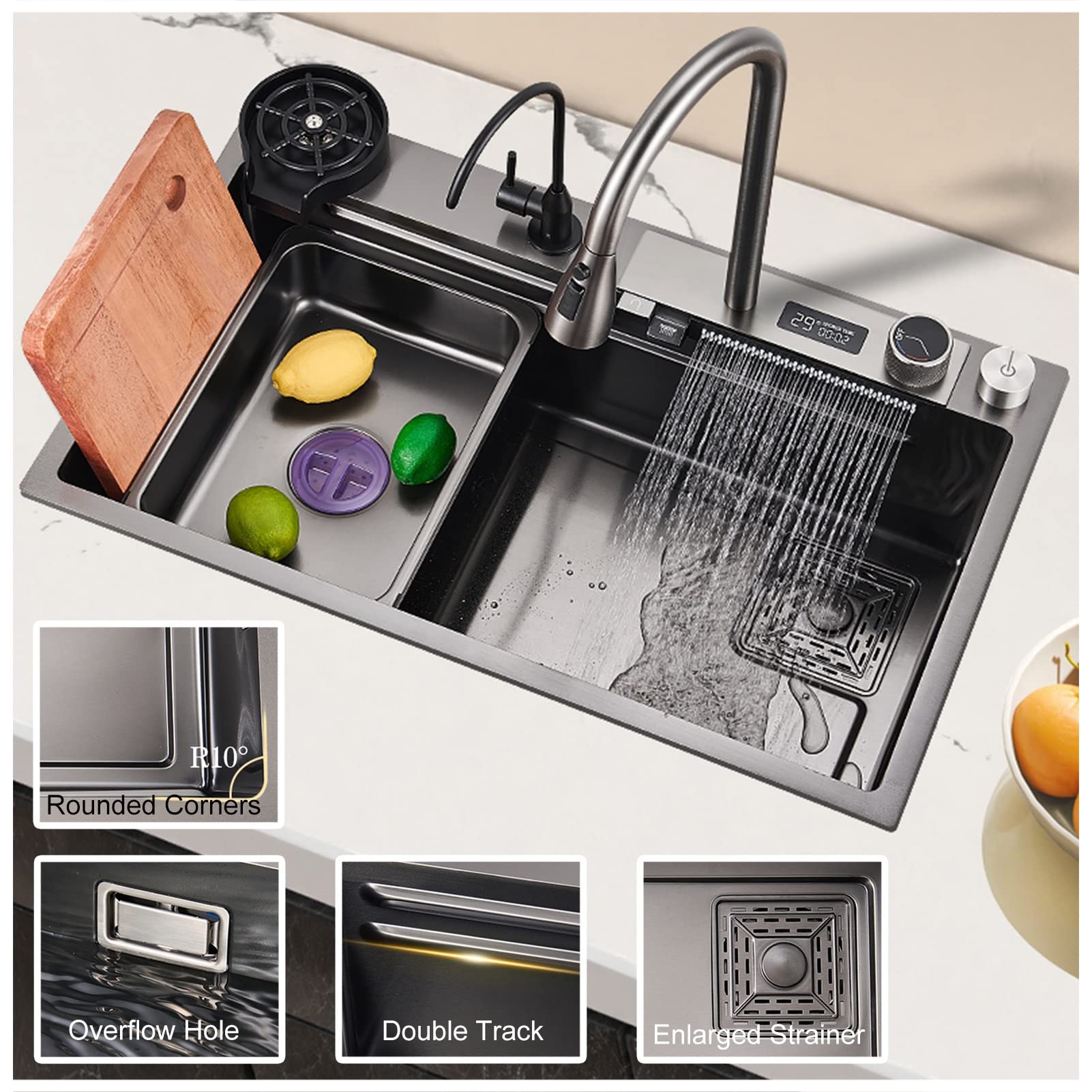Fregadero De Barra De Cocina Gris Negro Con Grifo De Cascada, Lavabo De Acero, Tabla De Cortar, Drenaje Y Kits De Instalación, Fregadero De Cocina Grande De Un Solo Tazón ( S : 75cm-A3 )