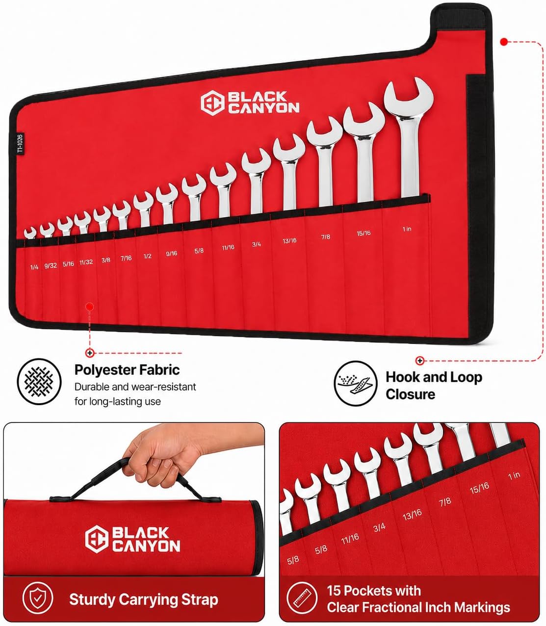 BLACK CANYON Heavy Duty Wrench Organizer Roll Up Pouch, Portable Tool Storage Bag with 15 Pockets, Foldable Wrench Roll Organizer for Garage, Mechanics, Automotive Repair & Workshop Storage (Bag Only) image 4