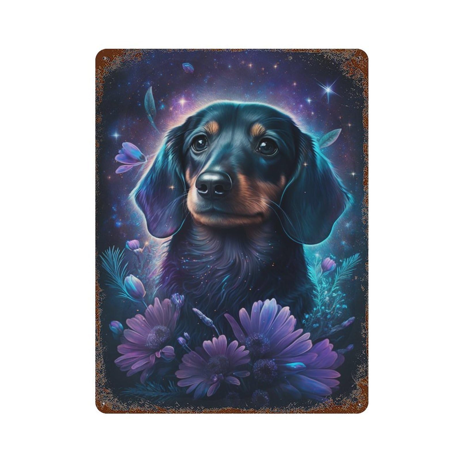 Galactic Dachshund with Flowers -7 Decorative Tin Sign 15.7"x11.8", for Farmhouse, Kitchen And Entryway Decor, Vintage Wall Decor