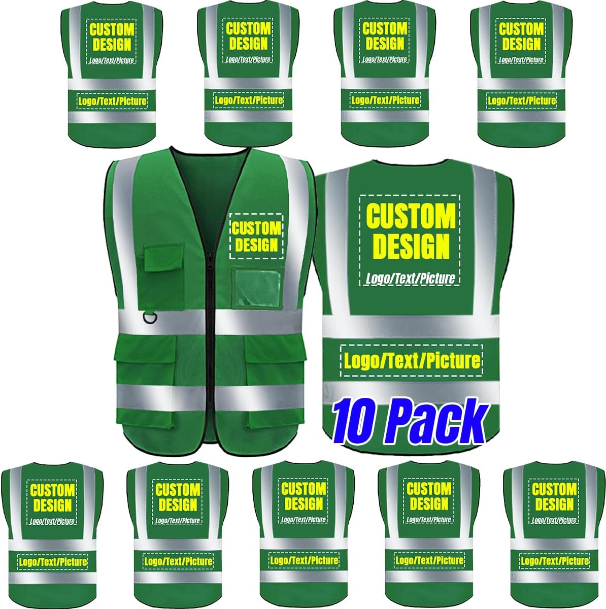 Safety Vest 10 Pack Customize Logo Class 2 High Visibility Reflective Vest with 5 Pockets Construction Security Work Vest ANSI/ISEA Standards