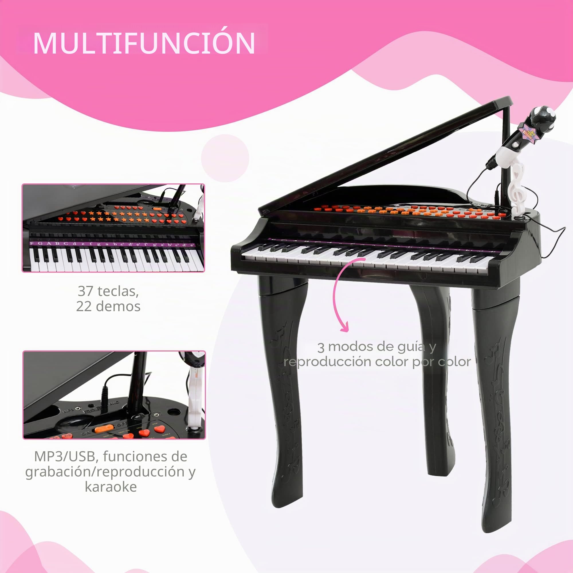 HOMCOM - Piano electrónico de 37 teclas, 3 a 6 años, color negro | Multifunción con micrófono altavoz, luz LED, función de grabación y reproducción, instrumento musical infantil