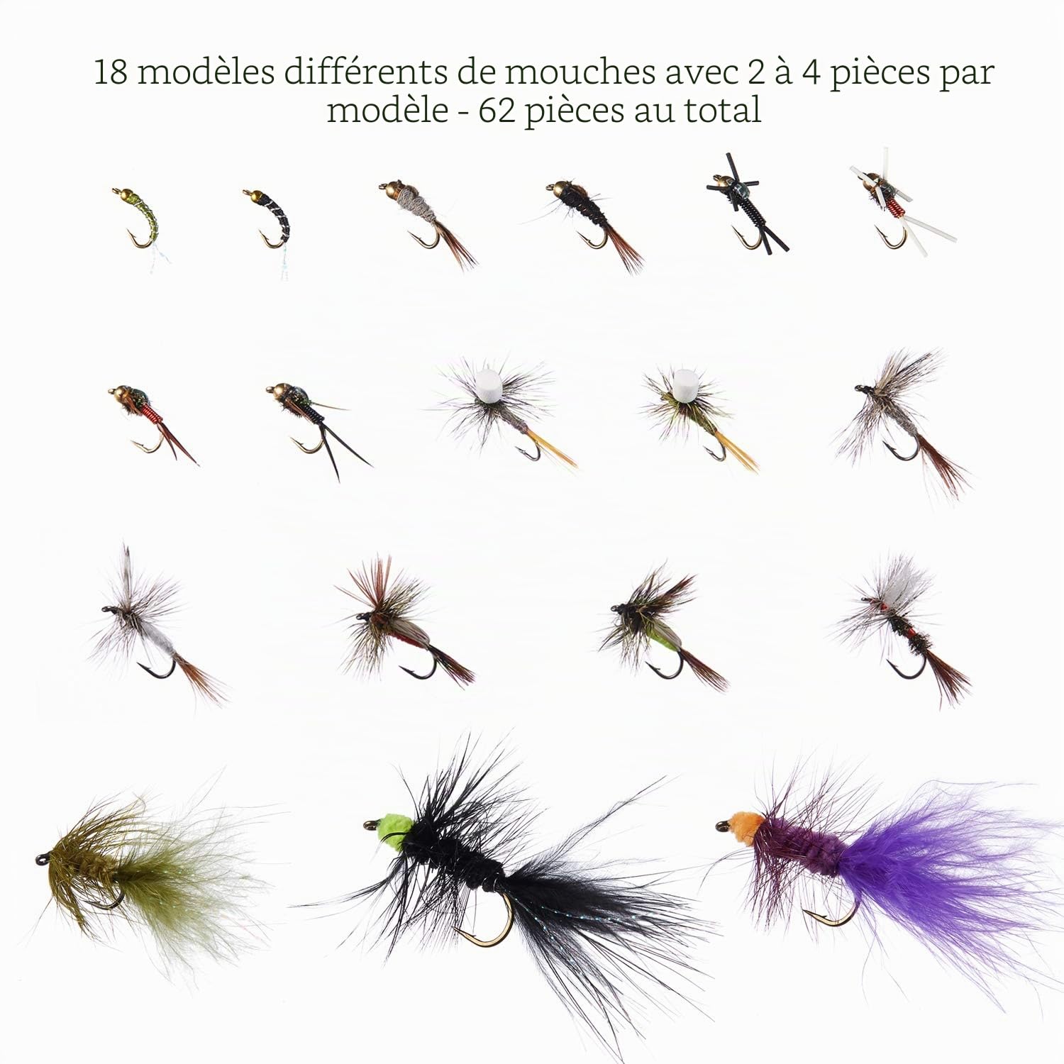 BASSDASH Ensemble de Mouches de pêche à la Mouche Pêche à l'achigan à Grande Bouche avec boîte à Mouches, avec Mouches sèches/Mouches noyées, nymphes, banderoles, Poppers