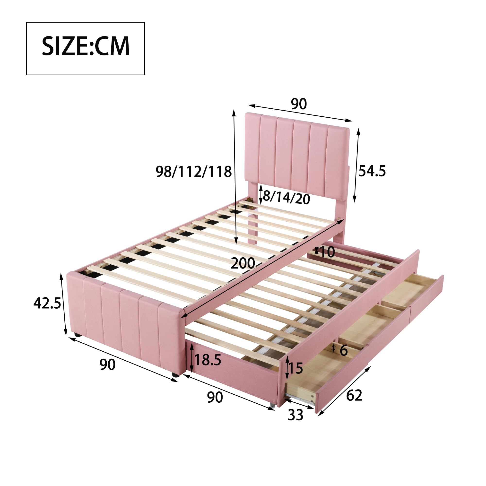Cama tapizada de 90 x 200 cm con cama plegable y cajones de almacenamiento, acolchado de lino respetuoso con la piel, cama individual, cama infantil, cama juvenil, cama de invitados (rosa)