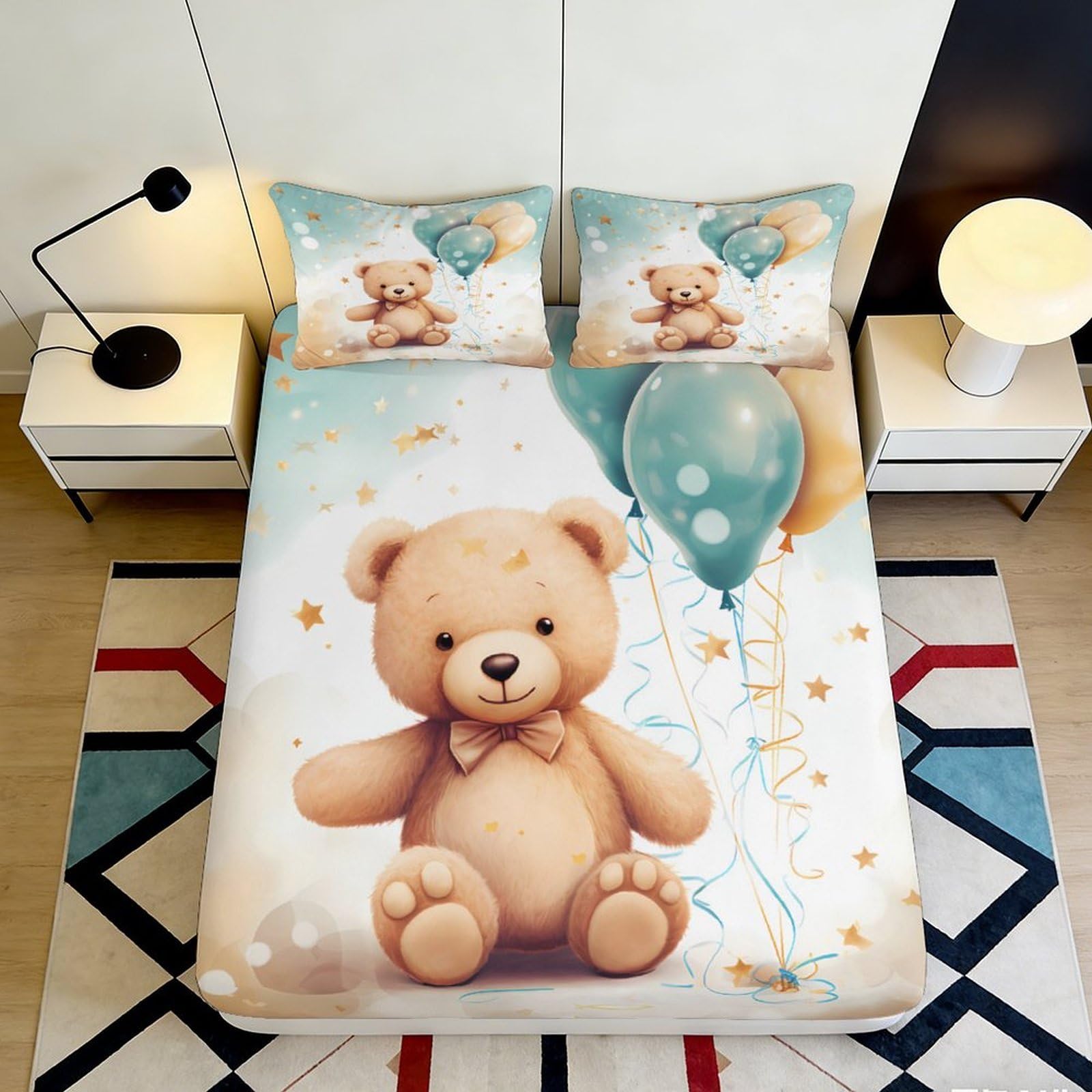 3D Printed Cute Teddy Bear Fitted Sheet Microfiber Soft Breathable Balloon Bed Cover for Bedroom Dormitory Guest Room Mattress Protection Decor 90x200x25cm