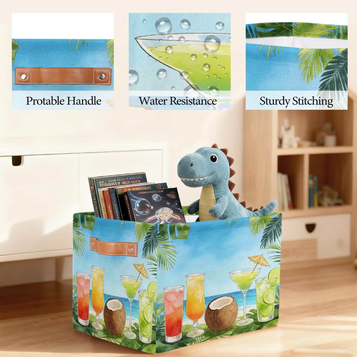 Sommer-Cocktail-Aufbewahrungskorb aus Kokosnuss, rechteckig, mit Ledergriffen, faltbarer Stoff-Aufbewahrungskorb für Schrank, Badezimmer, Wohnzimmer, Büro, Spielzeug, Organizer, Wäschekorb, 2