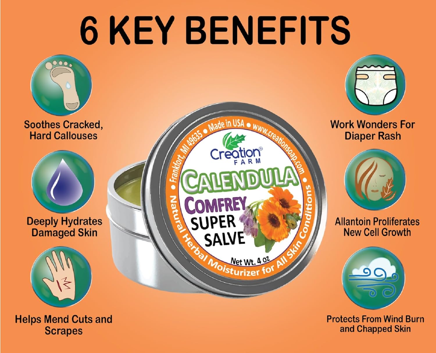 Creation Farm Calendula-Comfrey Super Salve 3 Pack of 4 oz Tins Balsamo pomade herba Caléndula Consuelda crema