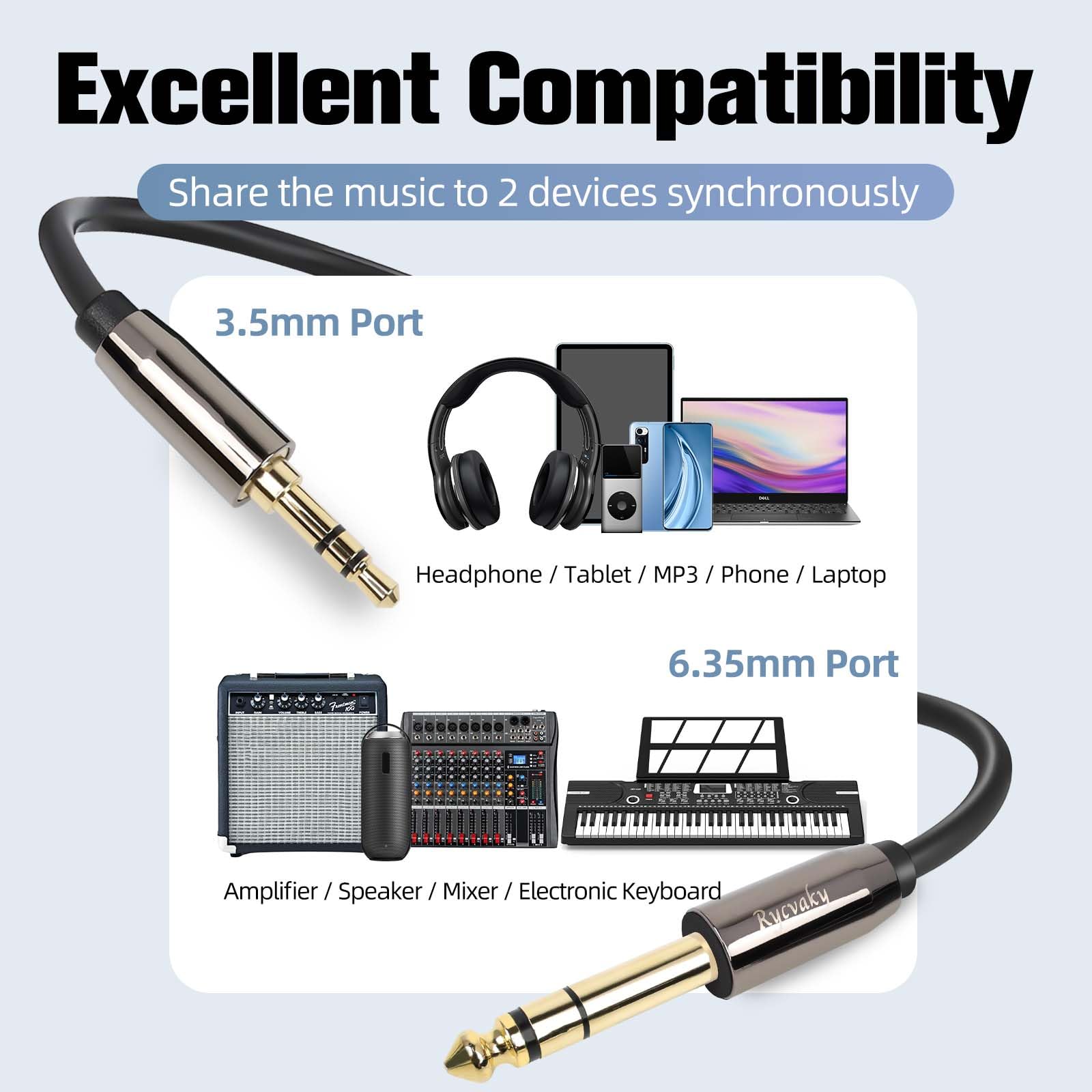 Cavo di prolunga audio stereo AUX da 3,5 mm a 6,35 mm, maschio da 6,35 cm a maschio 3,5 1/8", cavo audio stereo TRS per chitarra, cuffie, dispositivi home theater, smartphone, connettori placcati oro