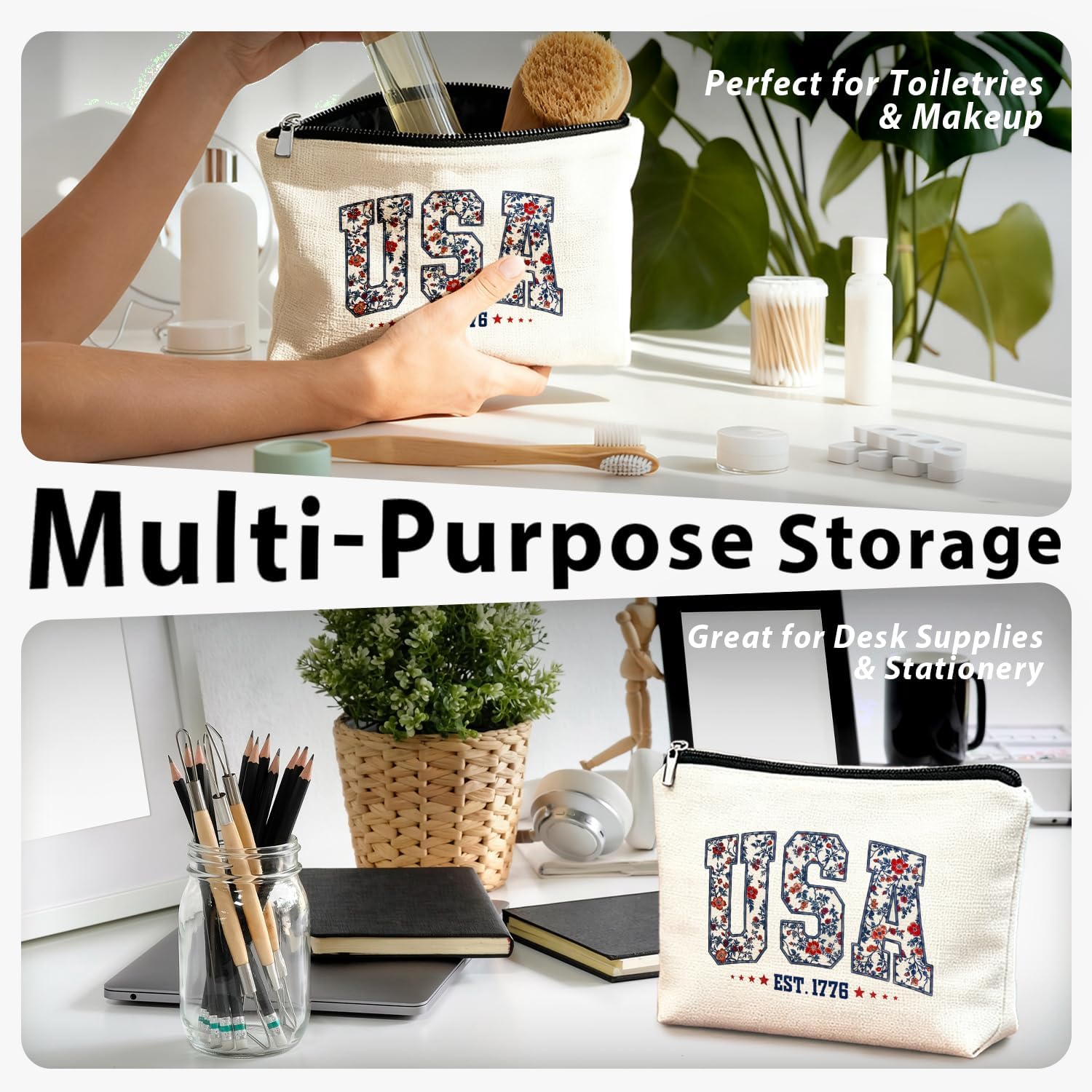 Retro Floral USA 4th of July Makeup Bag, America Patriotic Cosmetic Bags for Women, Red White and Blue USA Toiletry Bag for Women, cosmetic bag, makeup case image 5