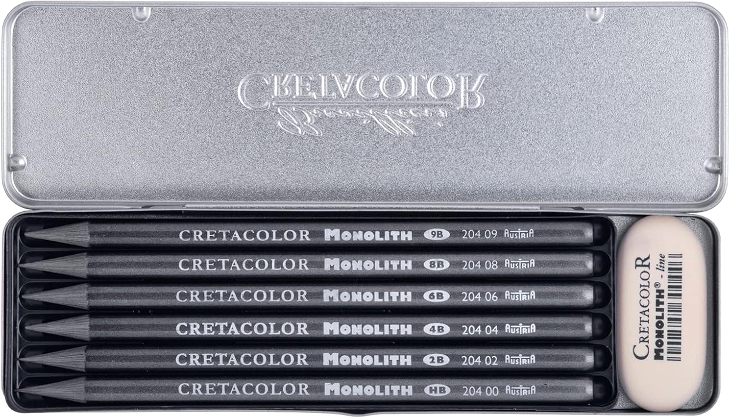 CRETACOLOR Monolith Graphite 6-Piece Set & Eraser, 6 Pc/Set - Graphite & Eraser, Tin Box,Gray