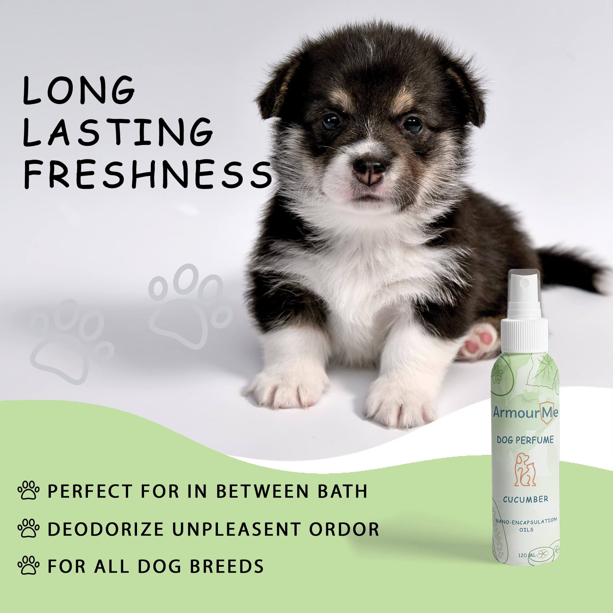 ArmourMe Dog Perfume Spray | Waterbased | Natural Deodorizer for Dogs | Eliminates Dog Odors for Smelly Dogs, pH Balanced, Free from Sulfates and Parabens. (120 ML, Cucumber) 1