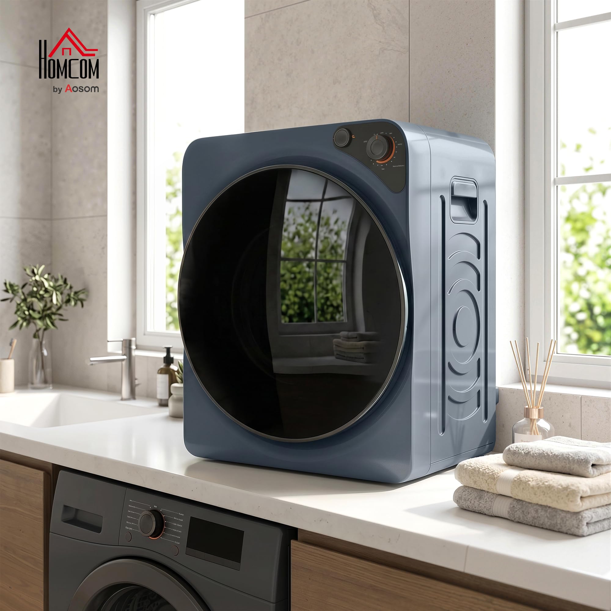 HOMCOM Wäschetrockner, kompakt, 1000 W, 5 kg, 5 Trocknungsmodi, Blau | Elektrischer Wäschetrockner, Behälter aus Edelstahl, Frontlader, freistehend und stapelbar, für Haus und Wohnmobile
