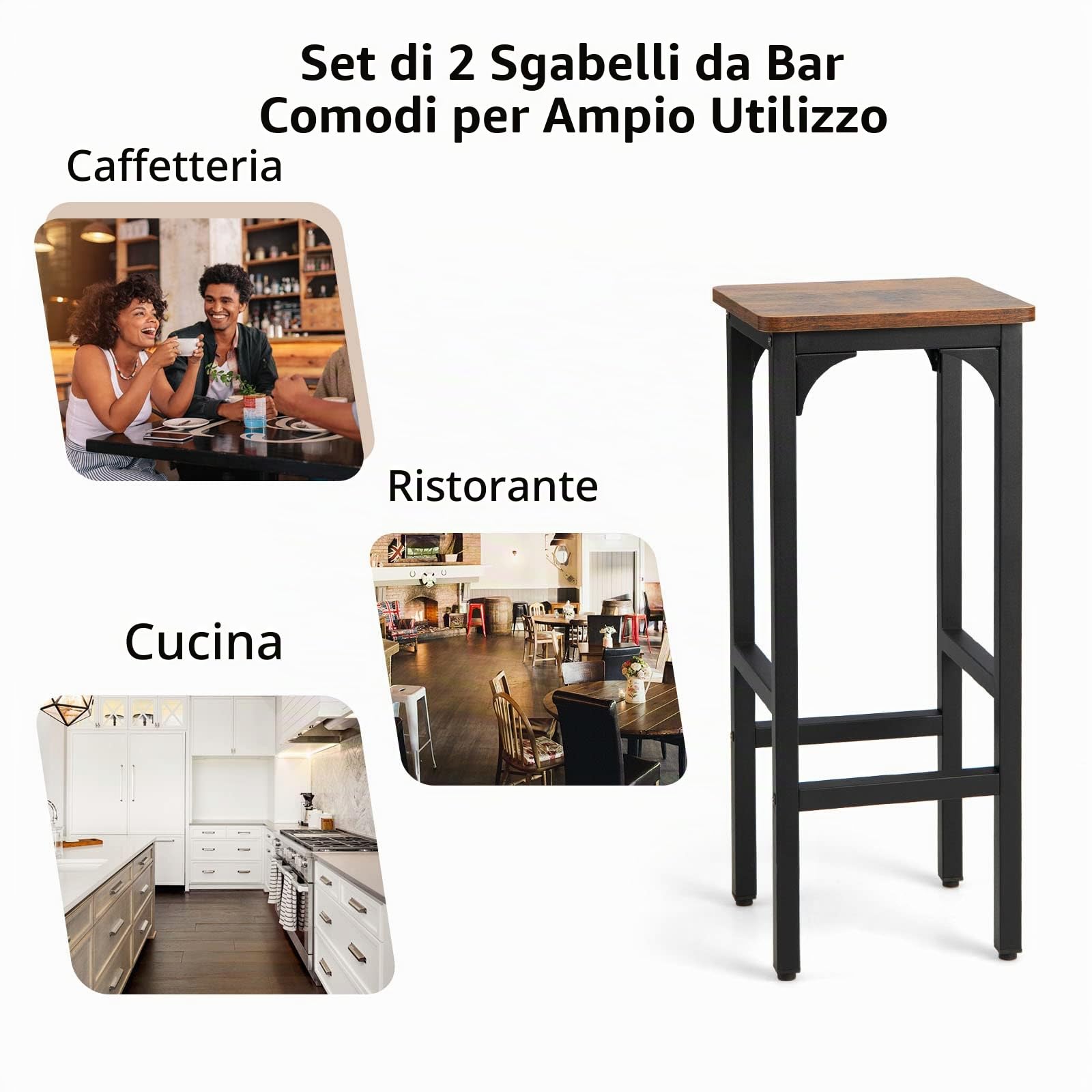 LIFEZEAL Set di 2 Sgabelli da Bar, Sgabello da Cucina, Sgabello Alto, con Poggiapiedi, Acciao+Legno, Peso Max 150kg, 30x30x71,5 cm, per Ristorante, Sala da Pranzo, Montaggio Facile, Stile Industriale