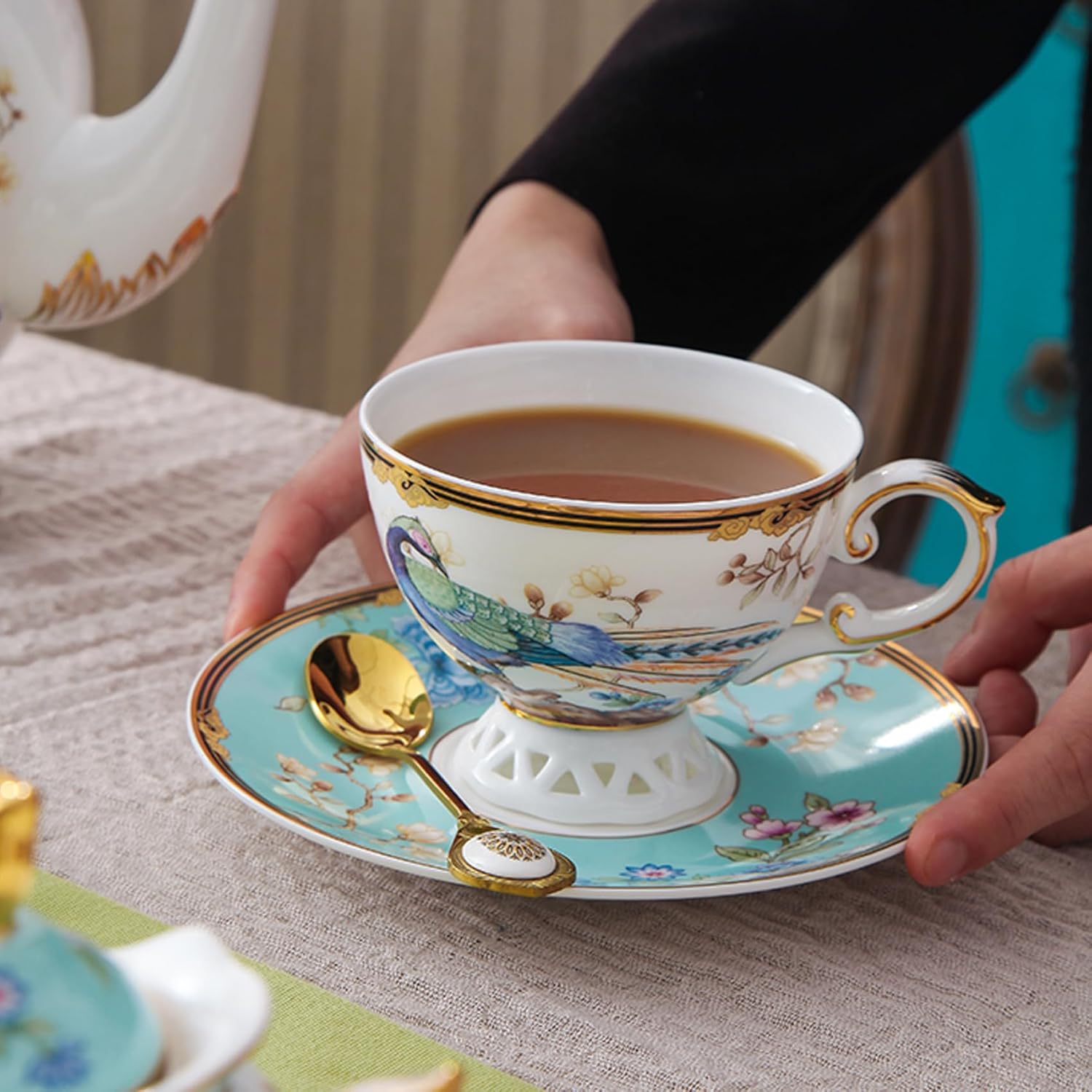 ACMLIFE Bone China Tea Cup and Saucer Set - Bone China Tea Coffee Cup and Saucer Set for 1 Luxury Fine China Tea Cup Set for One Blue Vintage Teacups and Saucers for Women Tea Party or Gift Giving - Image 5