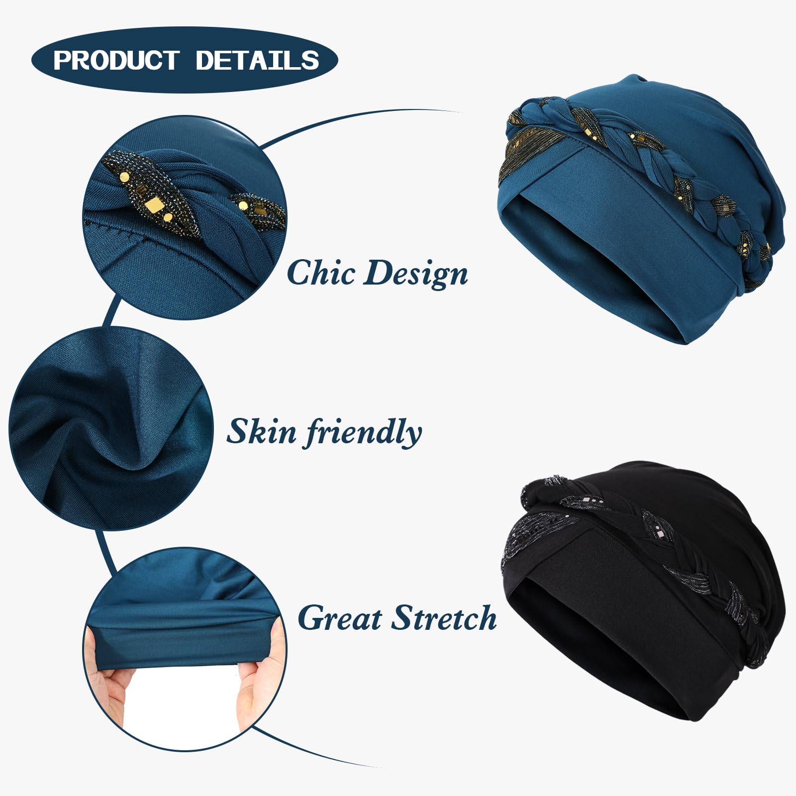 XEPST 2 Pièces Turbans pour Femmes, Pré-noué torsadé Chapeau Tresse Cheveux Couvertures, Enveloppements de Tête Africains pour Femmes Noires Chapeaux de Cancer Chimio Turban
