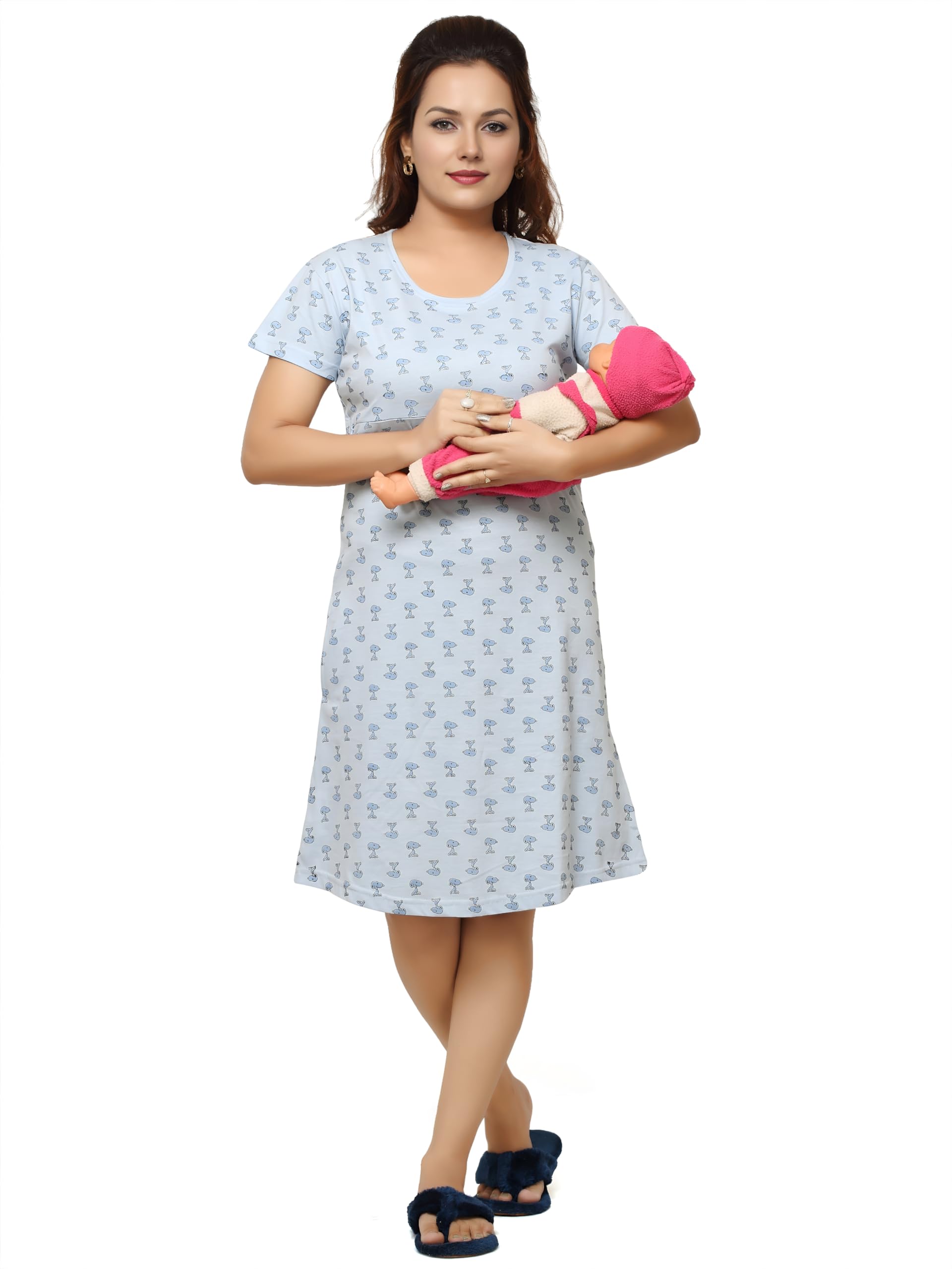 meerkat Womens Hosiery Cotton Feeding Knee Length Short Nighty Blue_MT-0235-picture-21