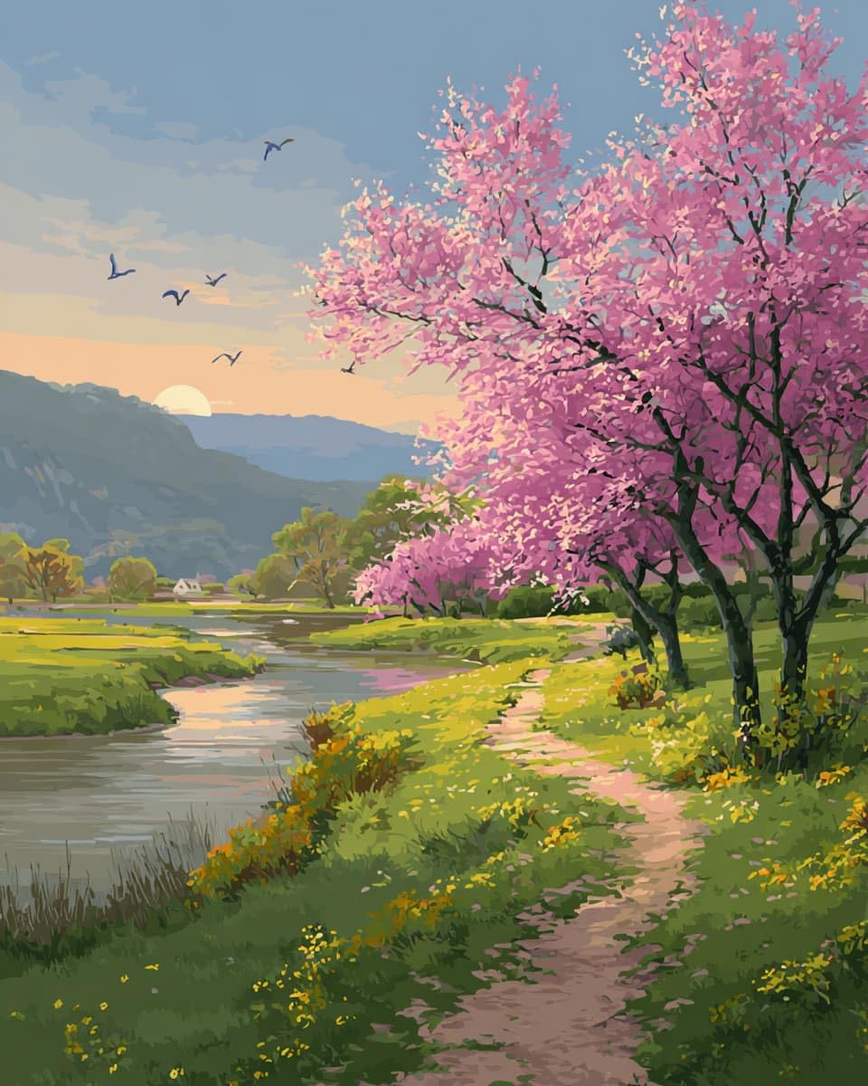 AMBATTERY Cross Stitch Kits for Adults Beginners, Spring Stream Scenery Embroidery Kit Pre-Printed Stamped Cross Stitch Kit 11CT Needlework Kit DIY Handmade Home Wall Décor