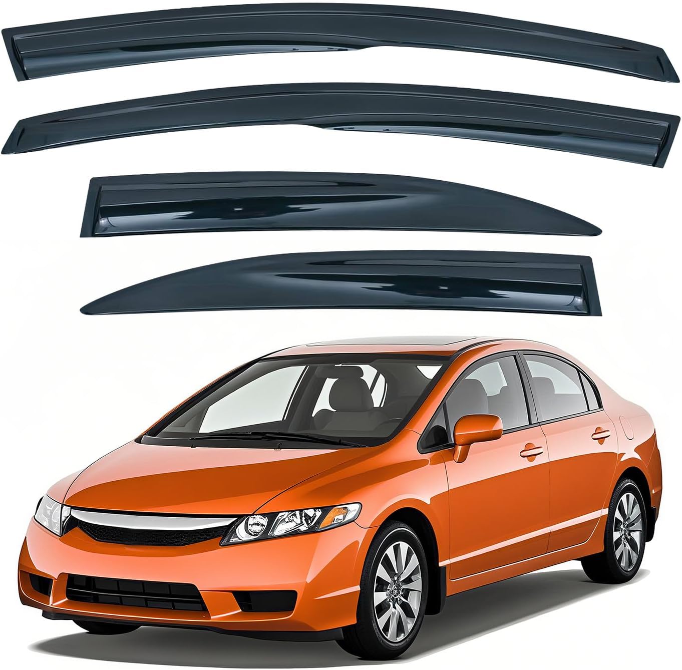 Deal 4-Piece Set 3D Wavy Style Smoke Vent Window Visor, JDM Mugen Outside Mount Tape-On Type Side Window Deflector, Custom Compatible with for 2006-2011 Civic 4-Door Sedan Only