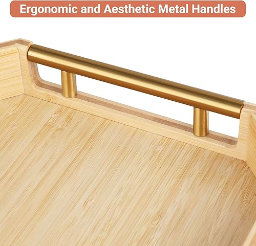 Miniatura 4 de Parmedu Bandeja de bambú natural bandeja de desayuno de madera gruesa en tamaño grande con asas de metal ergonómicas y estéticas, para servir