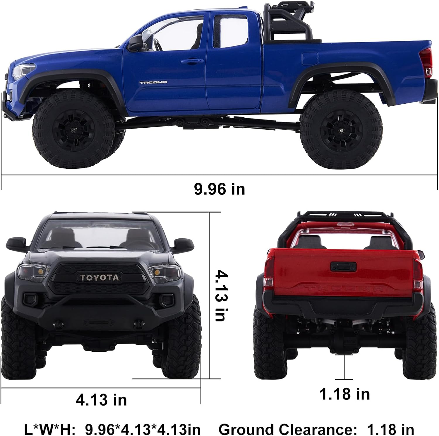 Diagram showing the dimensions of the FMS 1/24 Toyota Tacoma RC Crawler: length 9.96 inches, width 4.13 inches, height 4.13 inches, and ground clearance 1.18 inches.