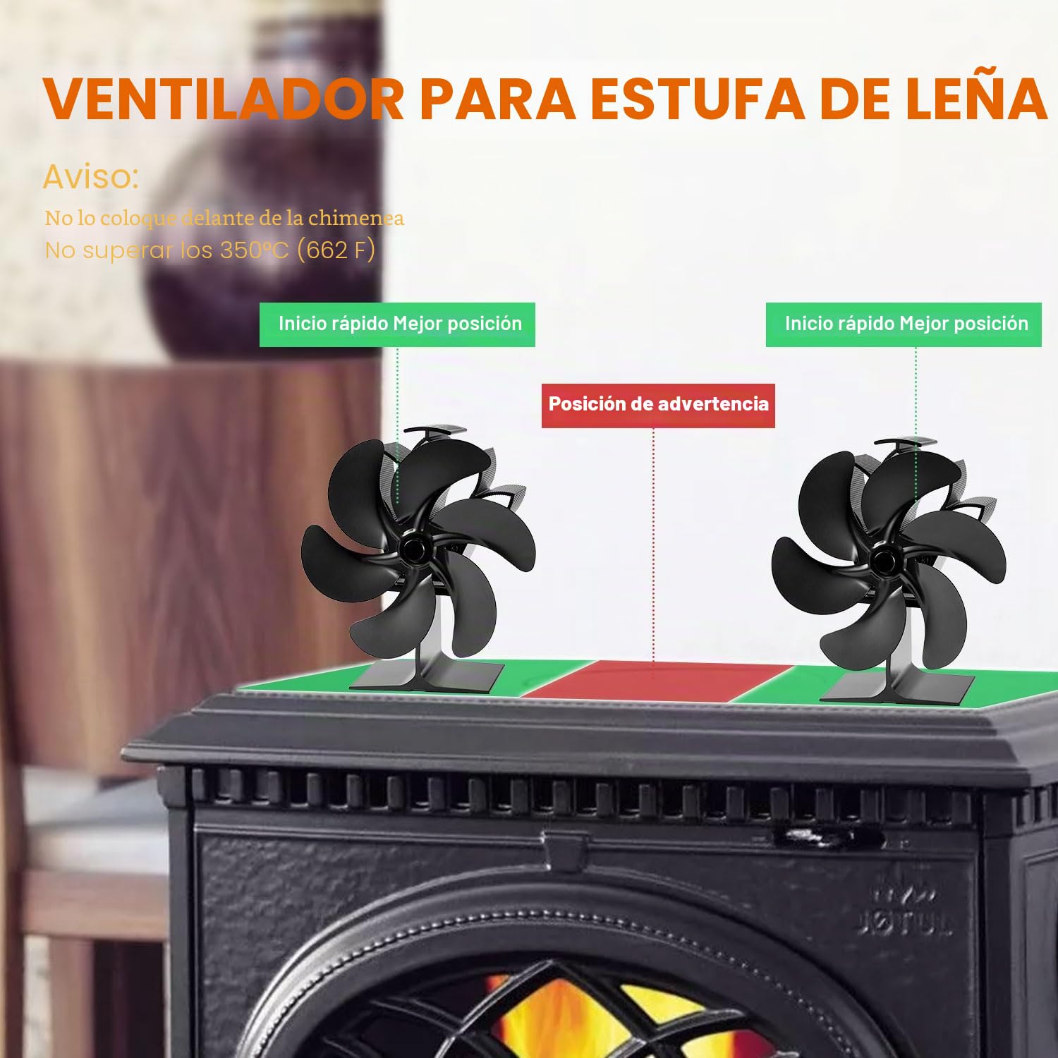 Ventilador de chimenea, 6 aspas, ventilador de horno, chimenea eléctrica, estufa, ventilador de estufa de calor, gran espacio para estufa, estufa de leña, ecológico sin electricidad (6 cuchillas)