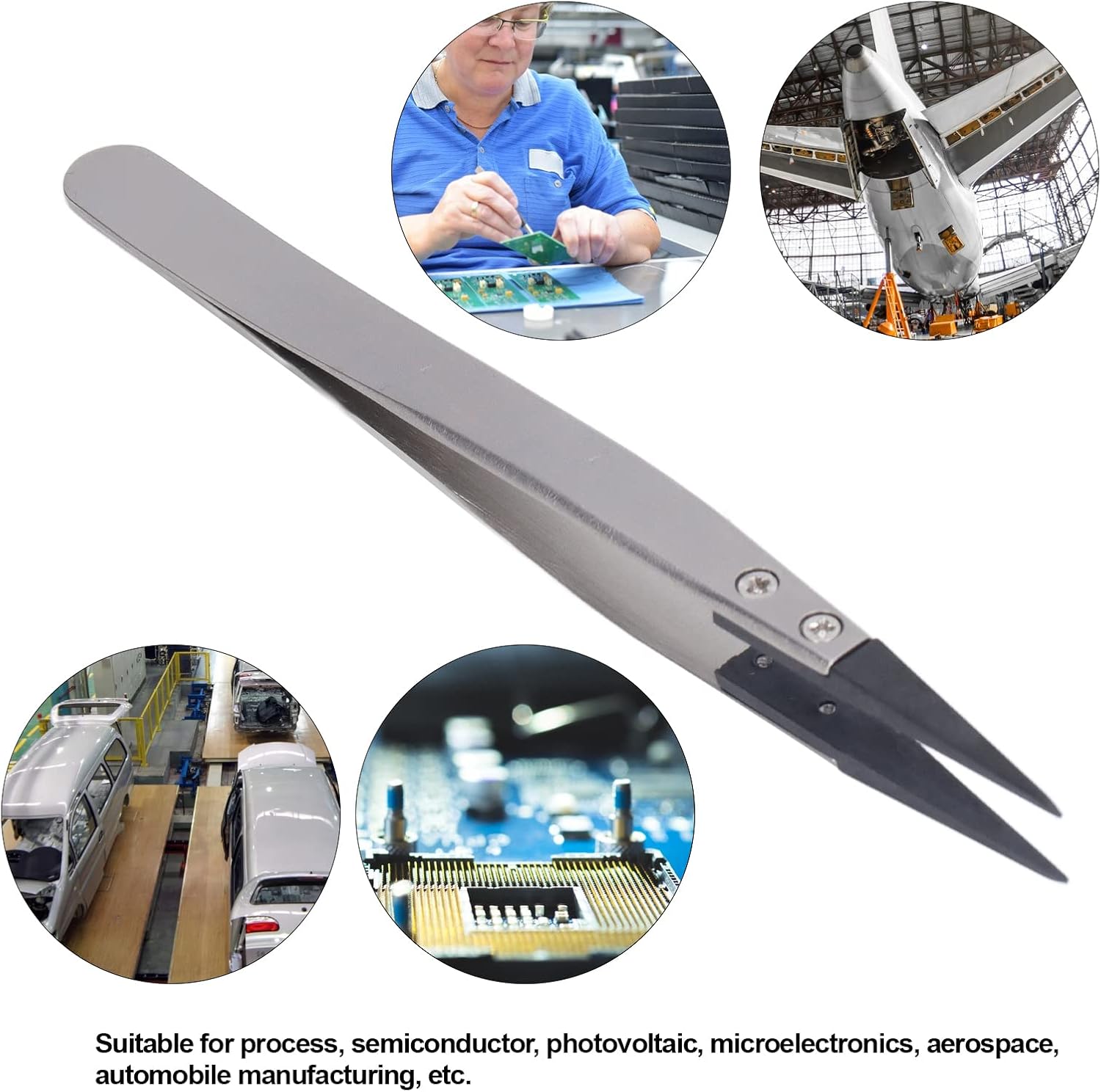 10 pcs Anti Static Tweezers, Pointed Tip Tweezers with Stainless Steel Body and Carbon Fiber Plastic Head, for Emiconductor Microelectronics