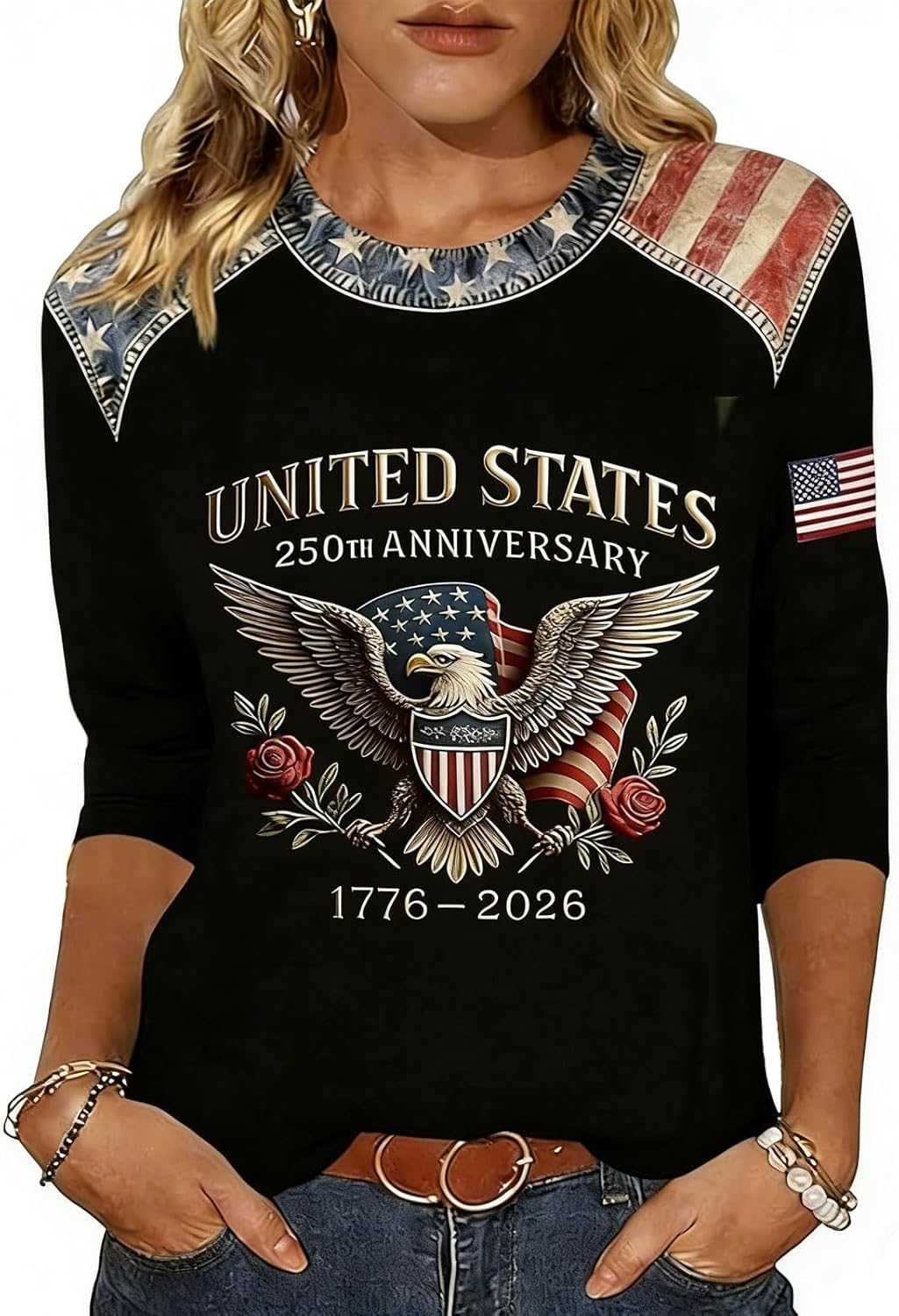 250th Anniversary USA Shirt Women America 250 Shirt 3/4 Sleeve Patriotic Flag Eagle Print Tops 1776-2026 Tshirt Gifts