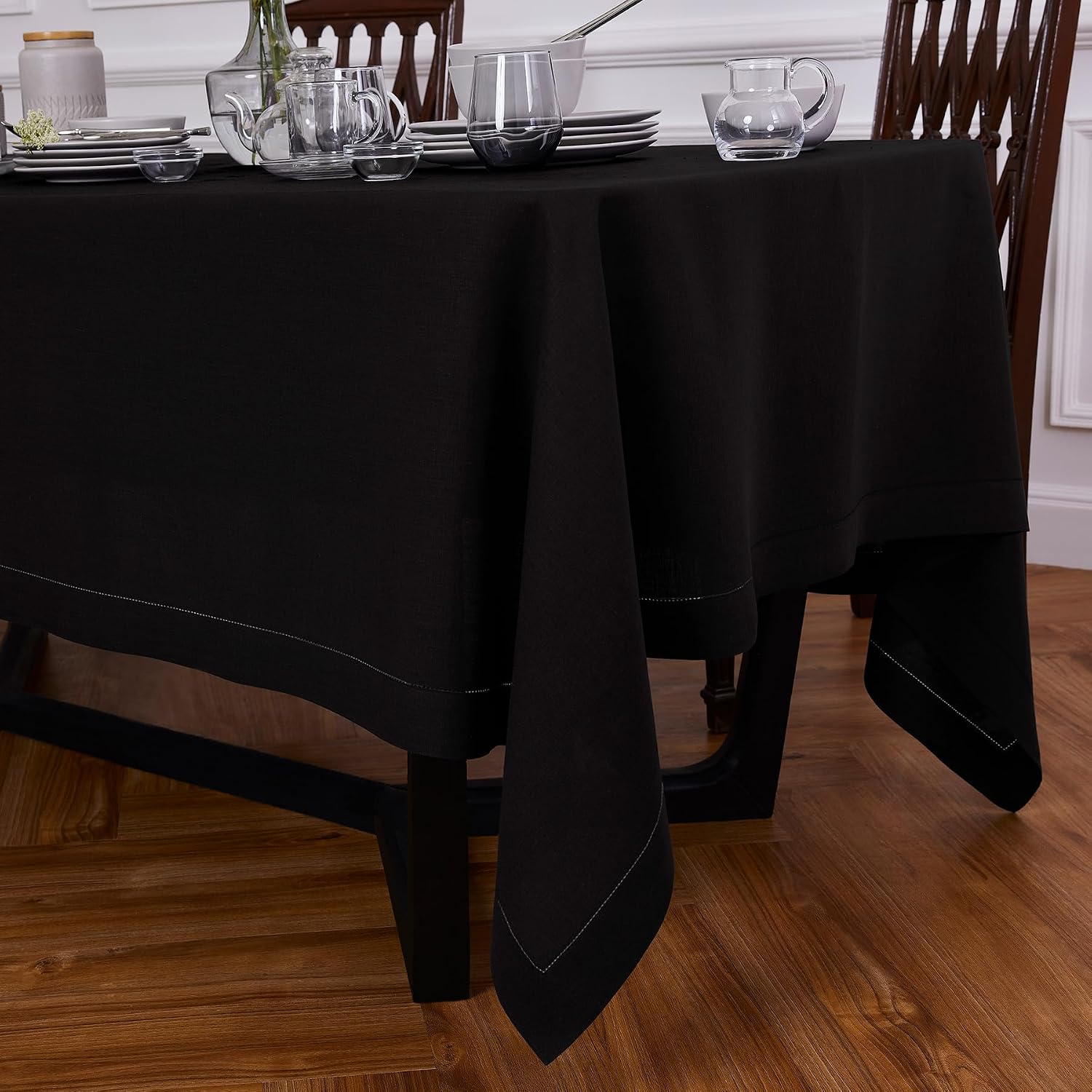 Solino Home Black Linen Tablecloth 70 x 144 Inch - 100% Pure Linen Hemstitch Table Cloth for Rectangle Tables - Sonoma Hemstitch, Machine Washable Tablecloth