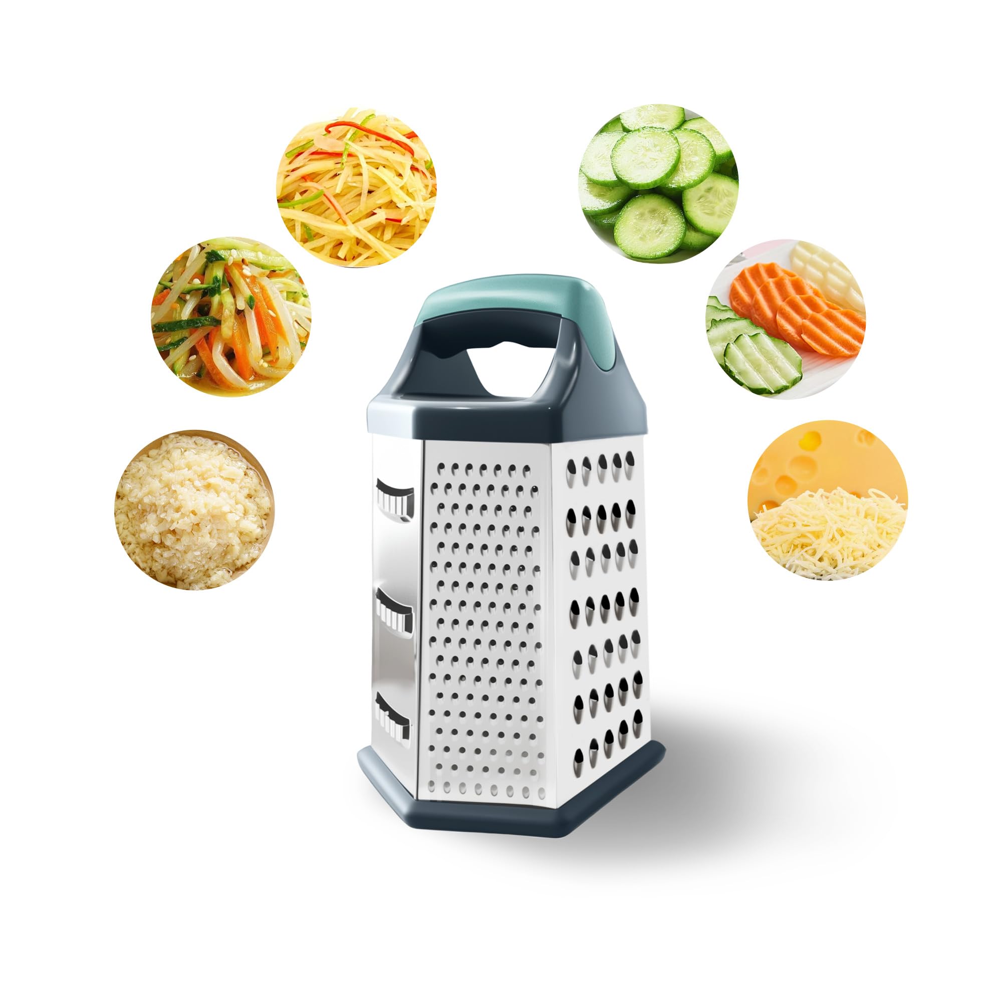 Kastenreibe Edelstahl Käsereibe mit Griff Reiben für Küche Käse Gemüse Kartoffeln Karotte (Hellgrün) (6 Seiten)