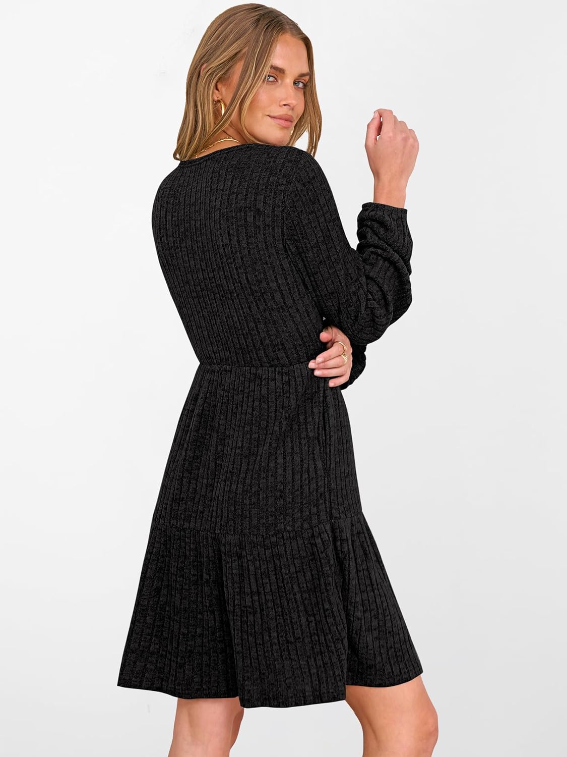 ANRABESS Women's Long Lantern Sleeve Ribbed Knit Dresses V Neck Casual 2025 Fall Winter Flowy Swing Tunic Sweater Short Dress - Image 5