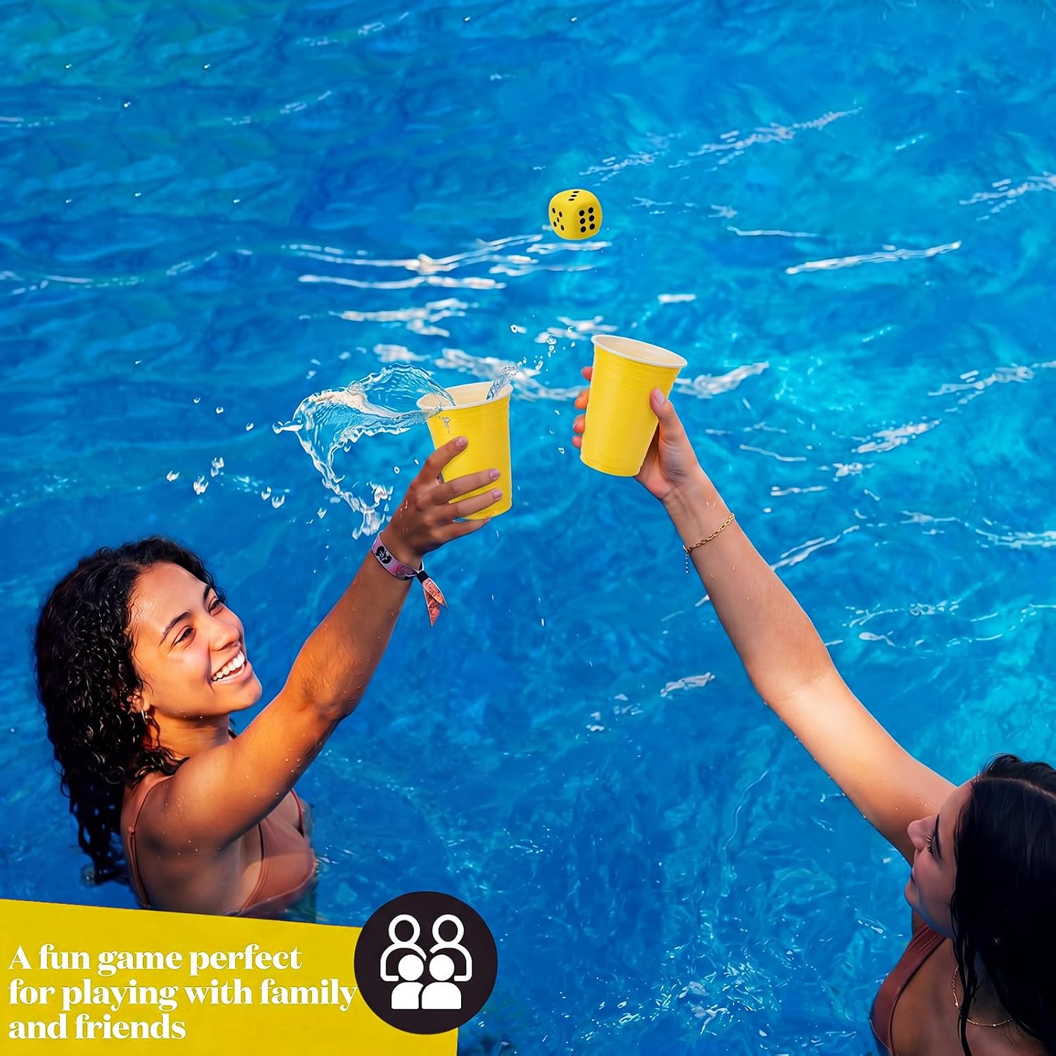 Competitive Pool Party Dice Game for Adults, 2-4 Players, Include 8 Floating Dice, 6 Battle Ready Cups and 100 yd Pool Divider(Yellow)