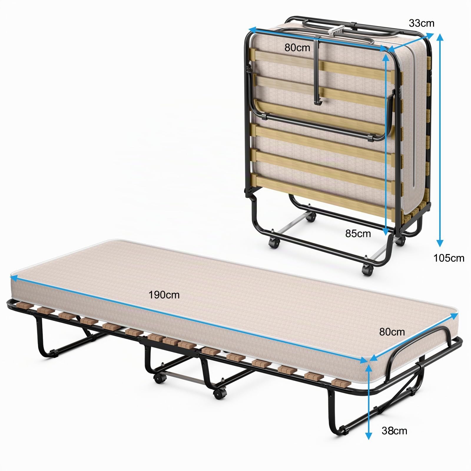 GOPLUS Gästebett 80x190 cm, Klappbett mit Matratze, Stahlrahmen, Einzelbett Erwachsene für Schlafzimmer& Büro (Beige)